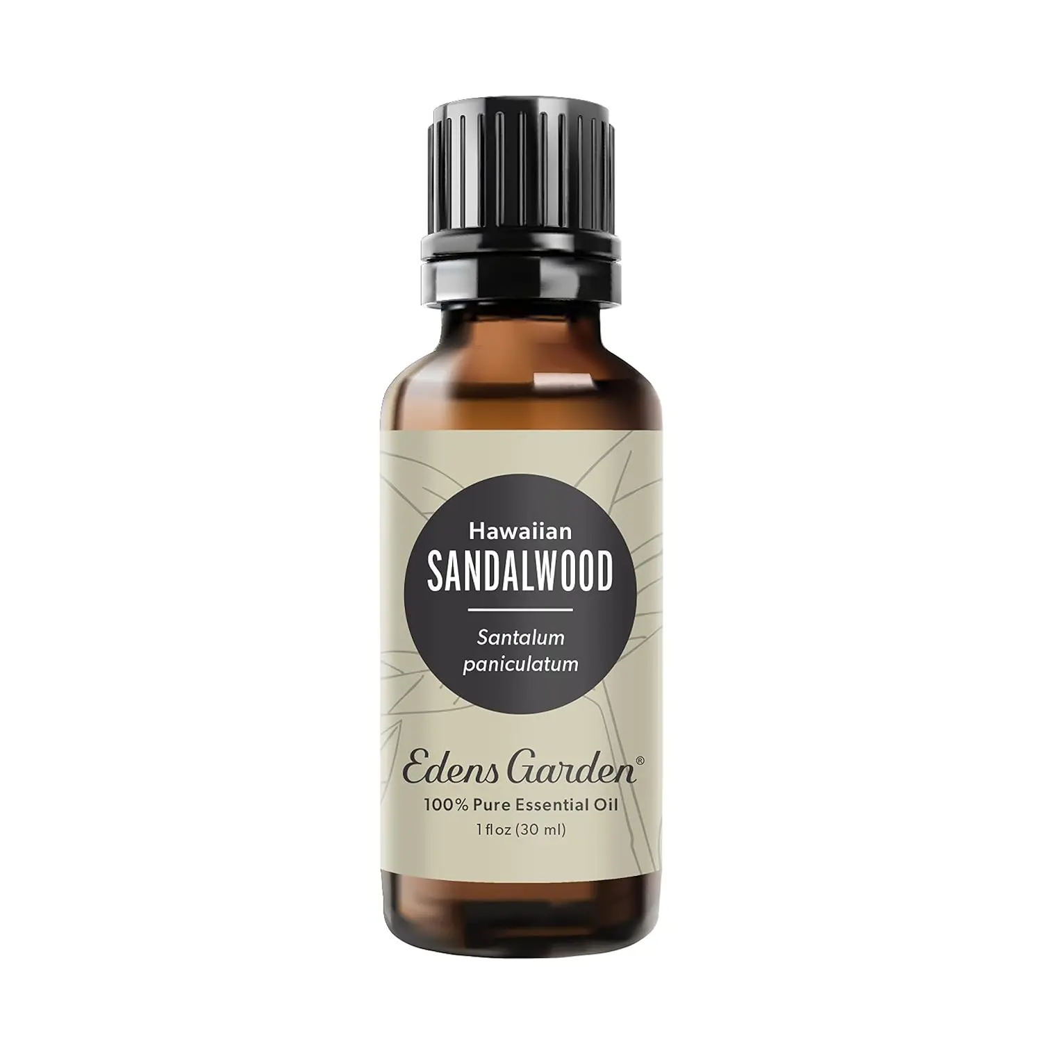 Bottle of Edens Garden Hawaiian Sandalwood essential oil, steam-distilled for a rich, sweet, and tranquil aroma perfect for relaxation and aromatherapy.