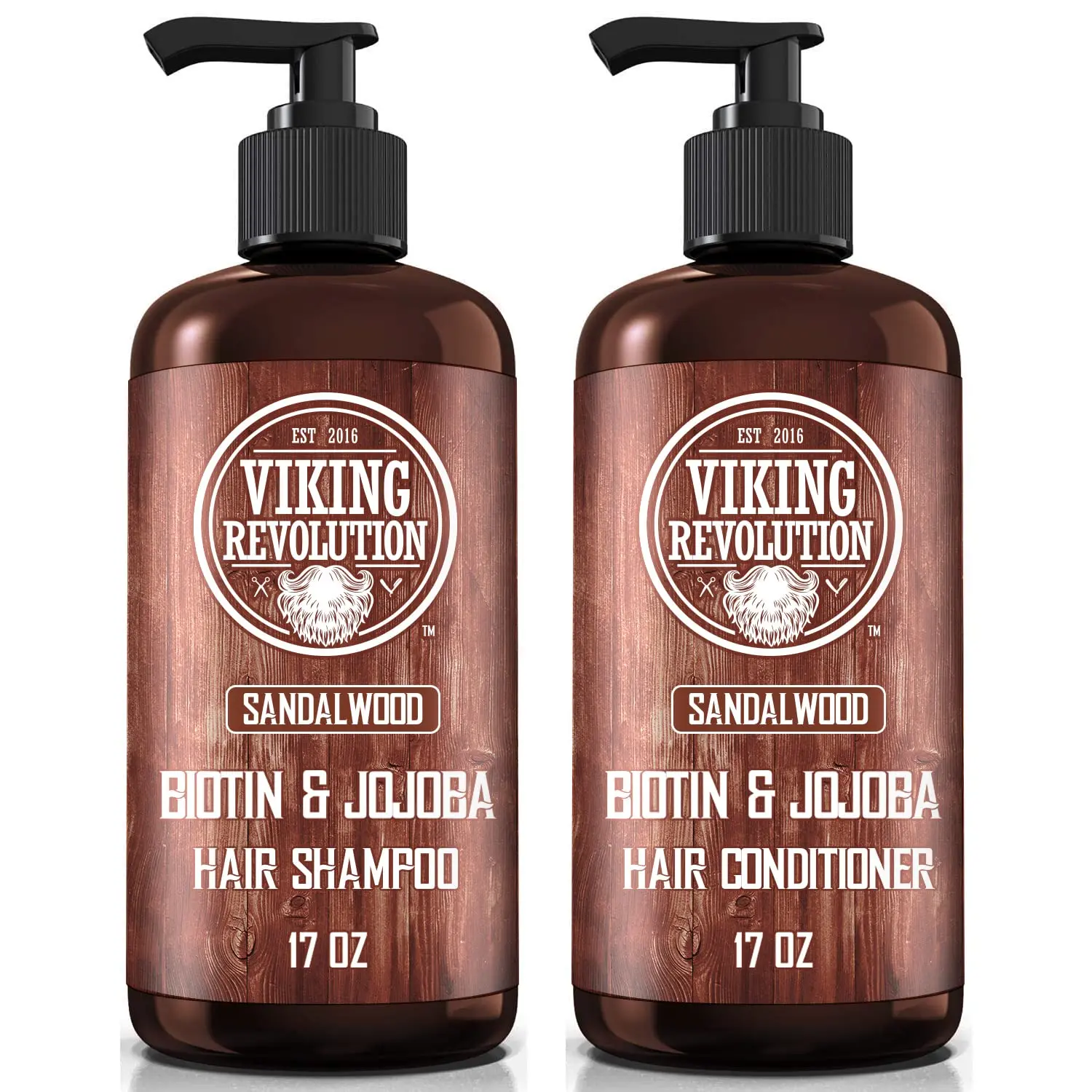 Viking Revolution sandalwood shampoo and conditioner set with biotin and jojoba oil promotes hair growth while moisturizing and reducing irritation.