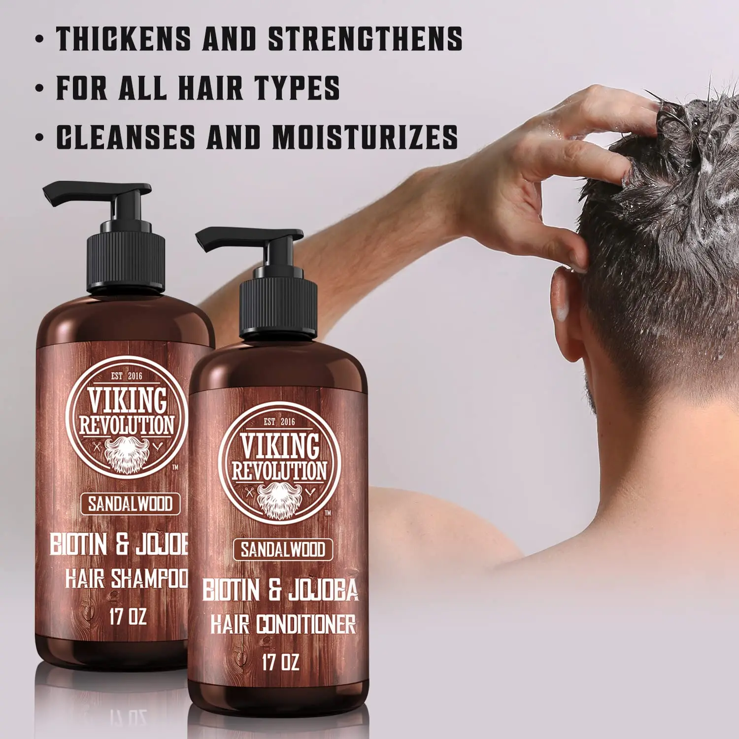 Viking Revolution sandalwood shampoo and conditioner set with biotin and jojoba oil promotes hair growth while moisturizing and reducing irritation.