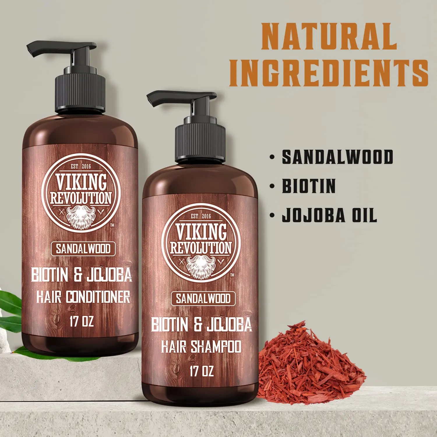 Viking Revolution sandalwood shampoo and conditioner set with biotin and jojoba oil promotes hair growth while moisturizing and reducing irritation.