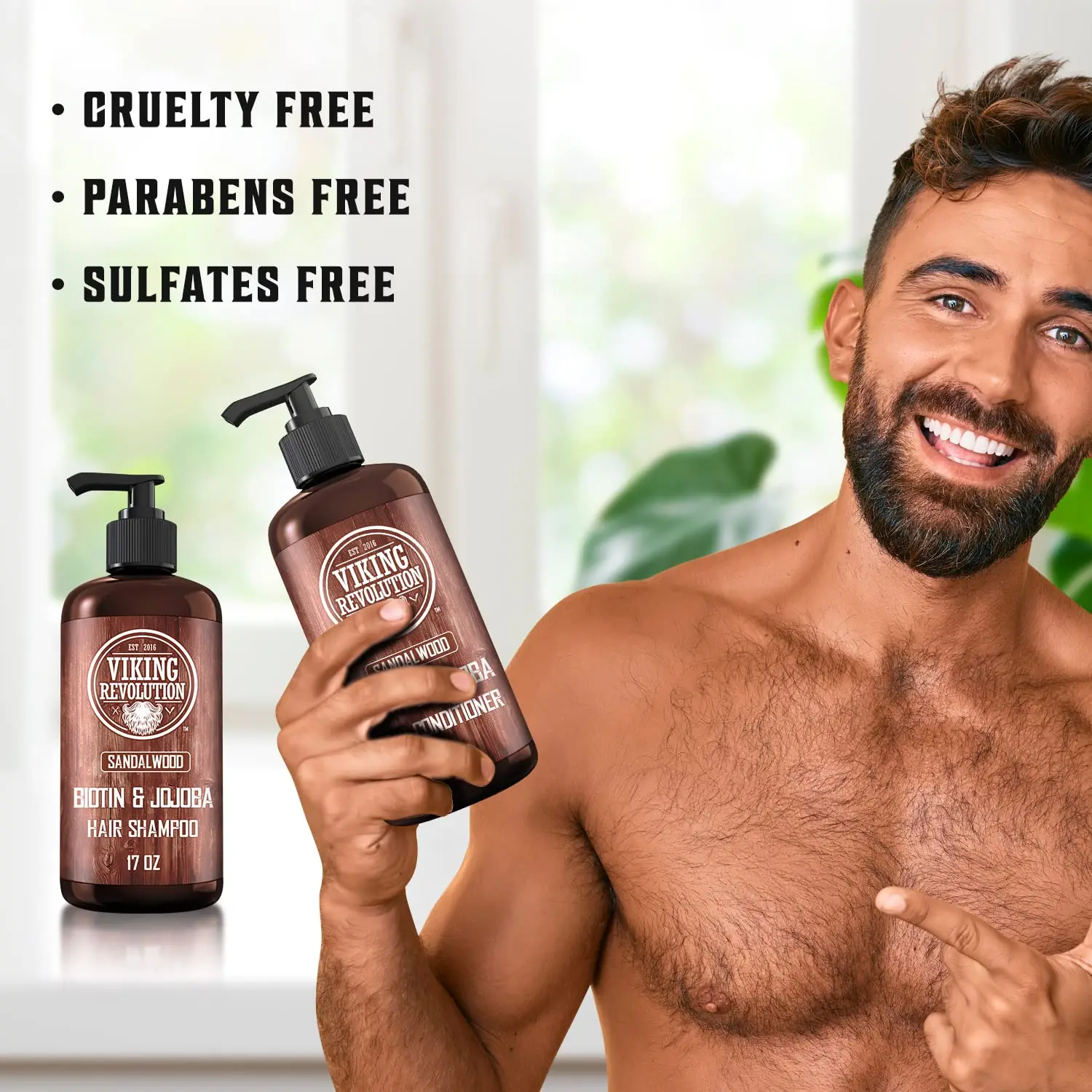 Viking Revolution sandalwood shampoo and conditioner set with biotin and jojoba oil promotes hair growth while moisturizing and reducing irritation.