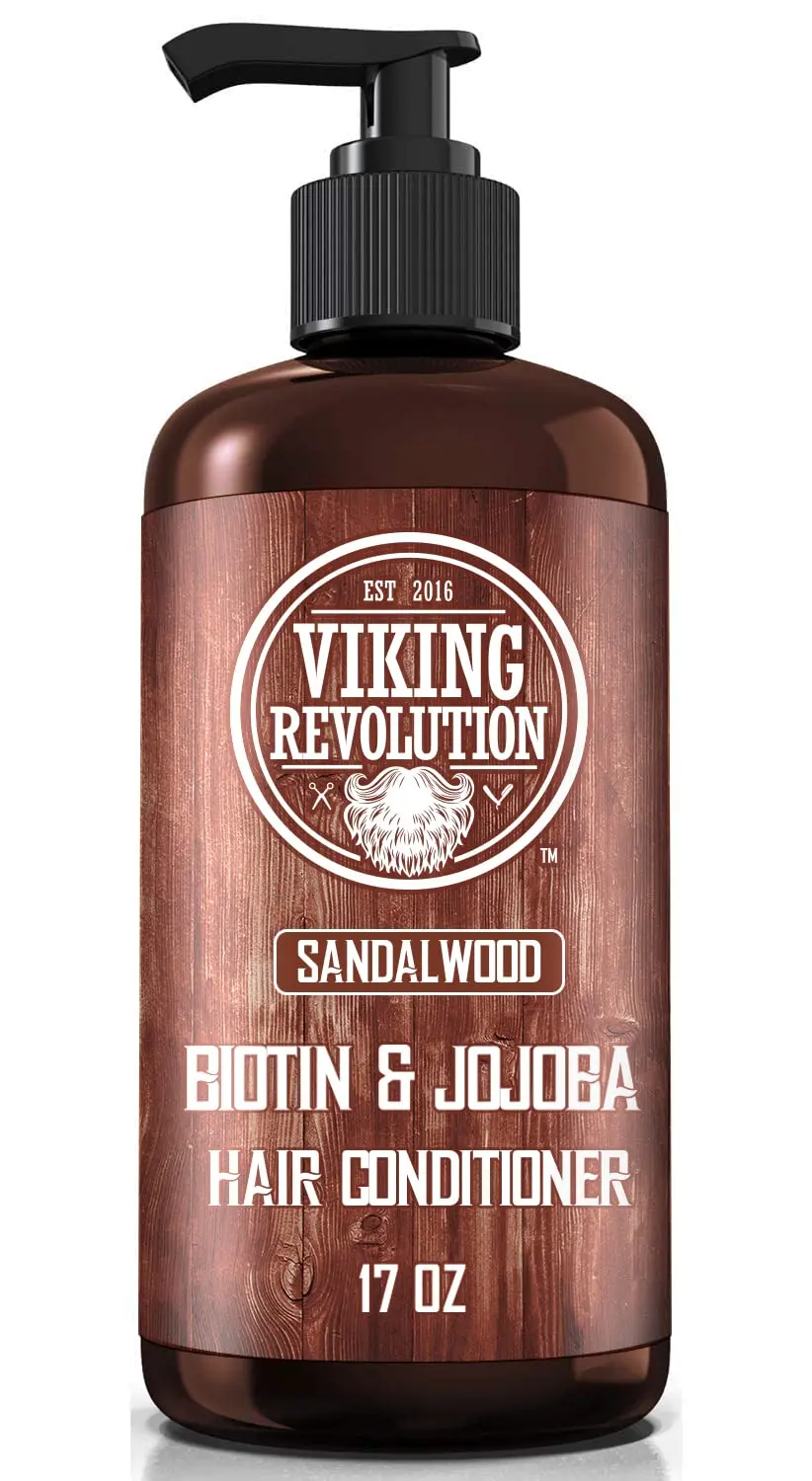 Viking Revolution sandalwood shampoo and conditioner set with biotin and jojoba oil promotes hair growth while moisturizing and reducing irritation.