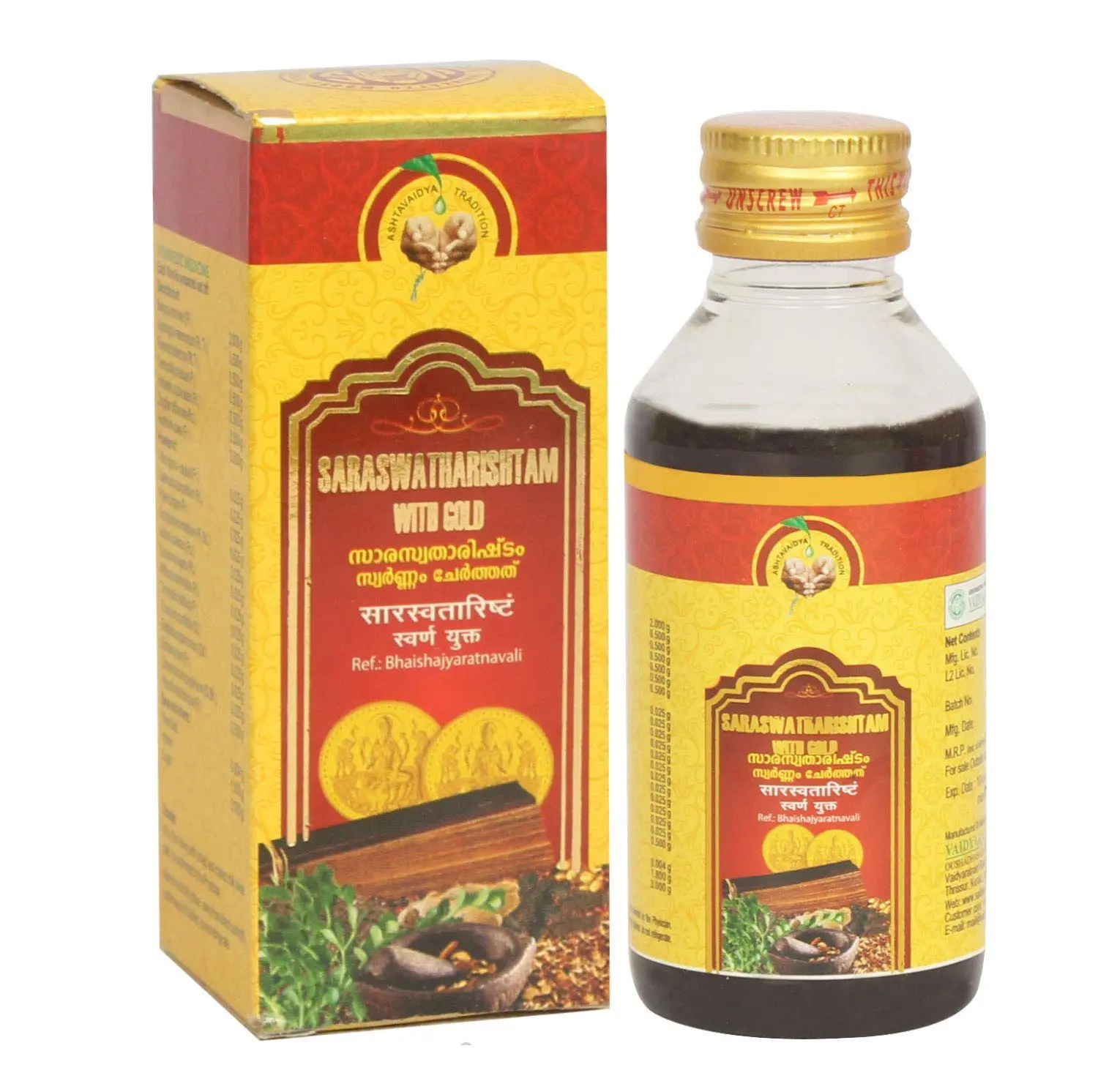 Vaidyaratnam Saraswatharishtam 200ml, a safe and effective Ayurvedic tonic for overall wellness, is paired with free Pachak Methi.