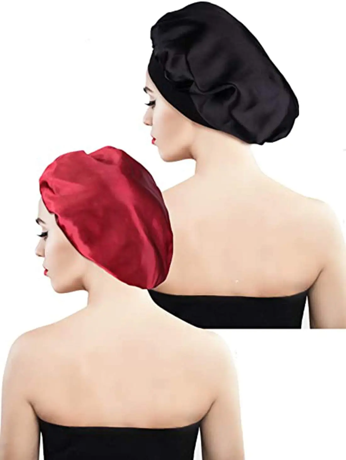 This set features two soft satin bonnets with elastic bands, designed to protect hairstyles and reduce frizz while sleeping, suitable for women and girls.