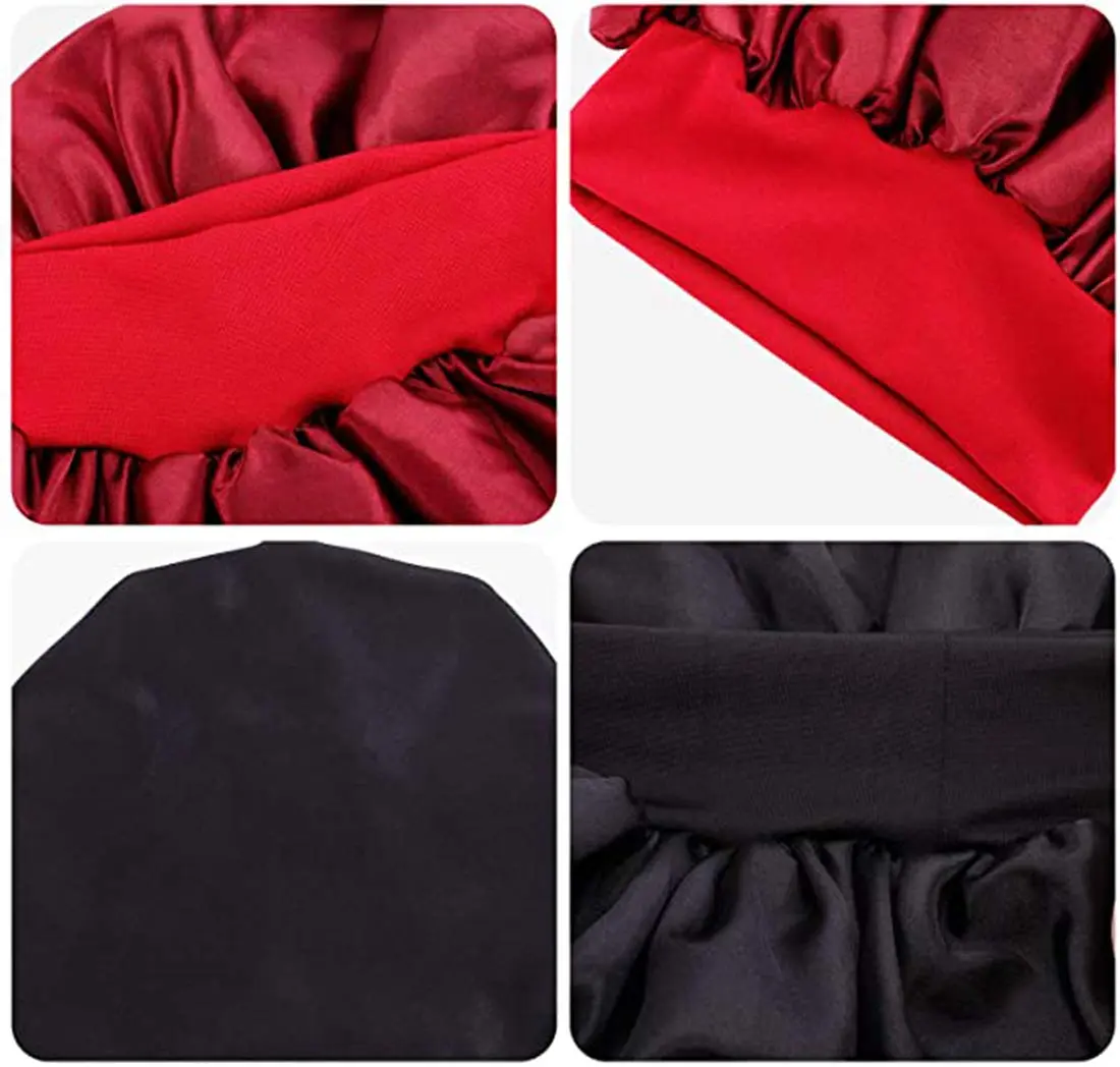 This set features two soft satin bonnets with elastic bands, designed to protect hairstyles and reduce frizz while sleeping, suitable for women and girls.