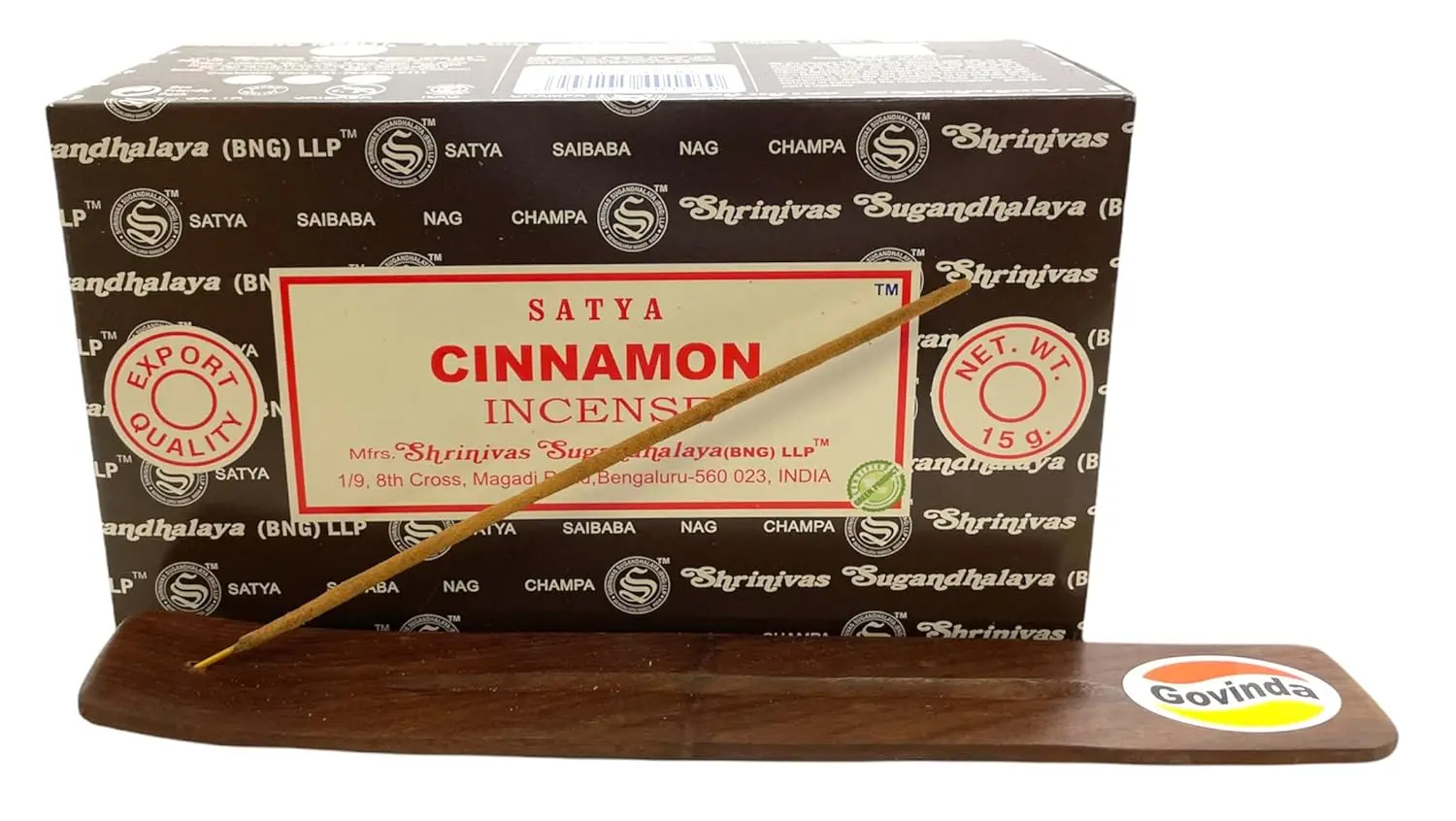 Bundle of Satya Bangalore cinnamon incense sticks with a Govinda incense holder for burning the included hand-rolled, non-toxic fragrance sticks.