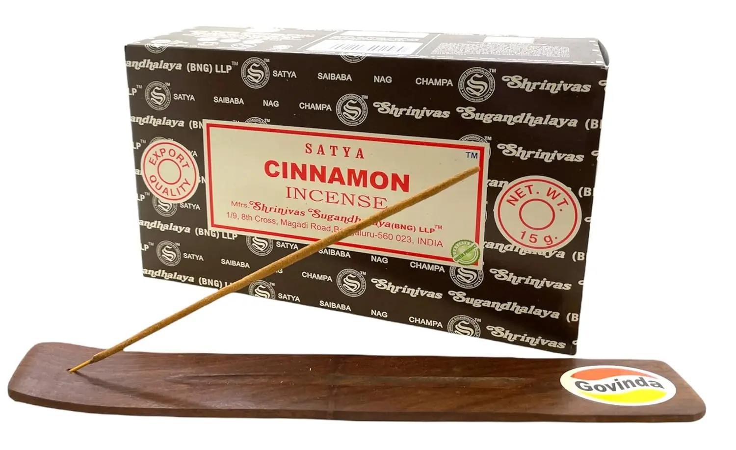 Bundle of Satya Bangalore cinnamon incense sticks with a Govinda incense holder for burning the included hand-rolled, non-toxic fragrance sticks.