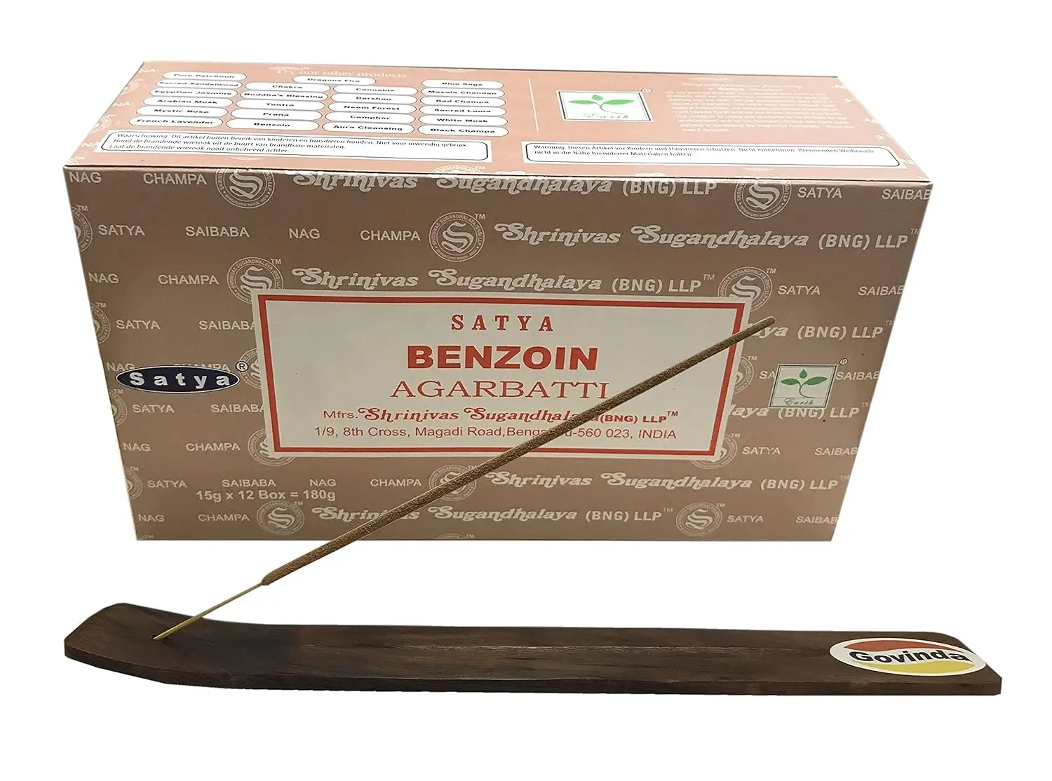 Bundle of Satya Bangalore cinnamon incense sticks with a Govinda incense holder for burning the included hand-rolled, non-toxic fragrance sticks.