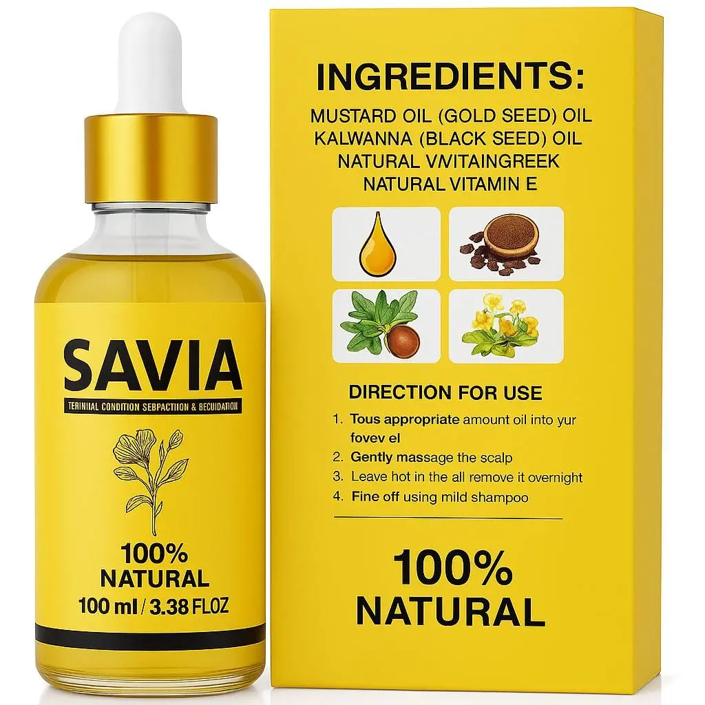 Savia hair growth oil made with mastered, methi dan, kalwanji, coconut, and rosemary oils to promote hair thickness and reduce hair loss in as little as two weeks.