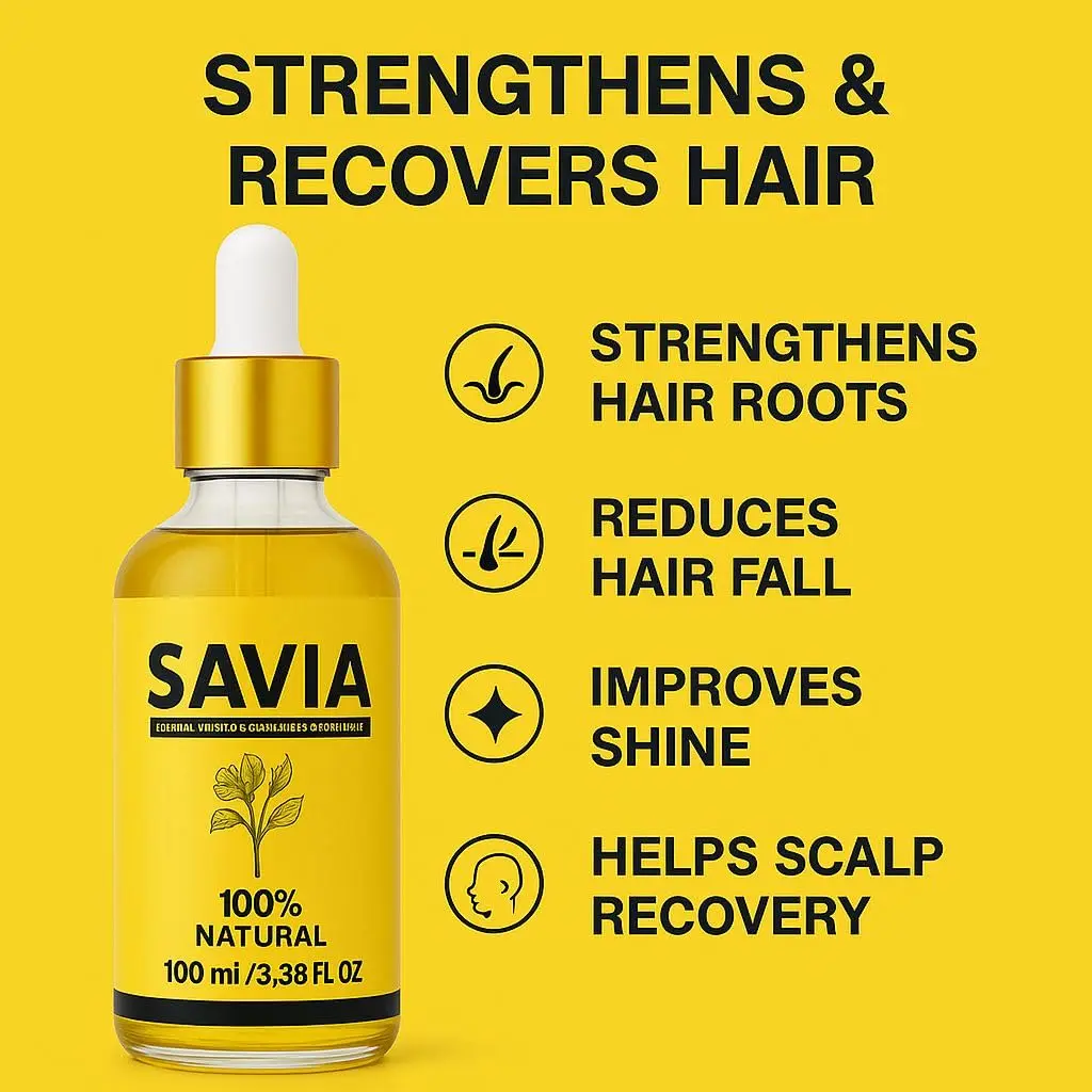 Savia hair growth oil made with mastered, methi dan, kalwanji, coconut, and rosemary oils to promote hair thickness and reduce hair loss in as little as two weeks.