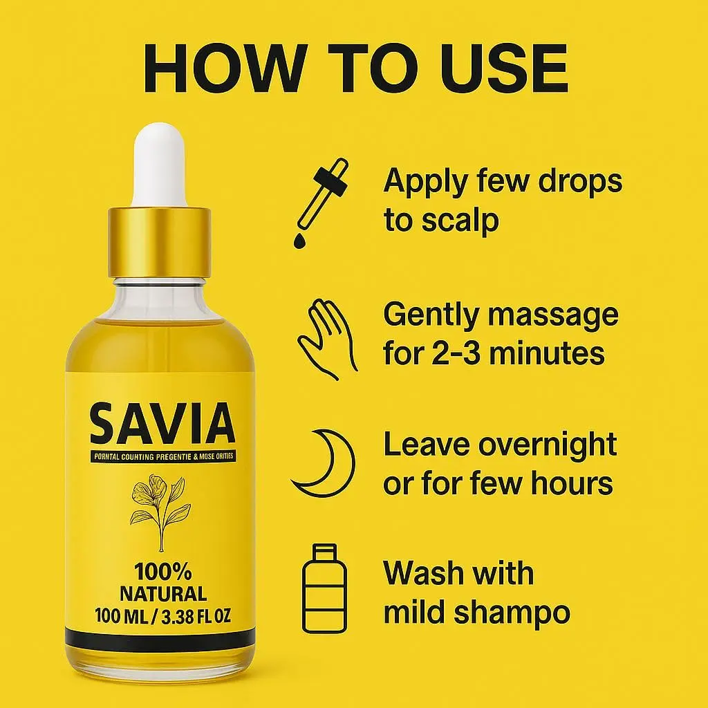 Savia hair growth oil made with mastered, methi dan, kalwanji, coconut, and rosemary oils to promote hair thickness and reduce hair loss in as little as two weeks.