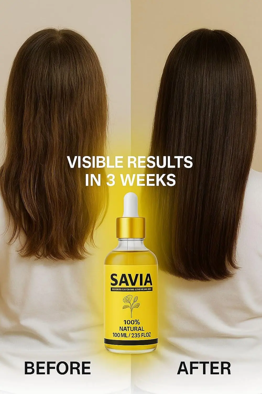 Savia hair growth oil made with mastered, methi dan, kalwanji, coconut, and rosemary oils to promote hair thickness and reduce hair loss in as little as two weeks.