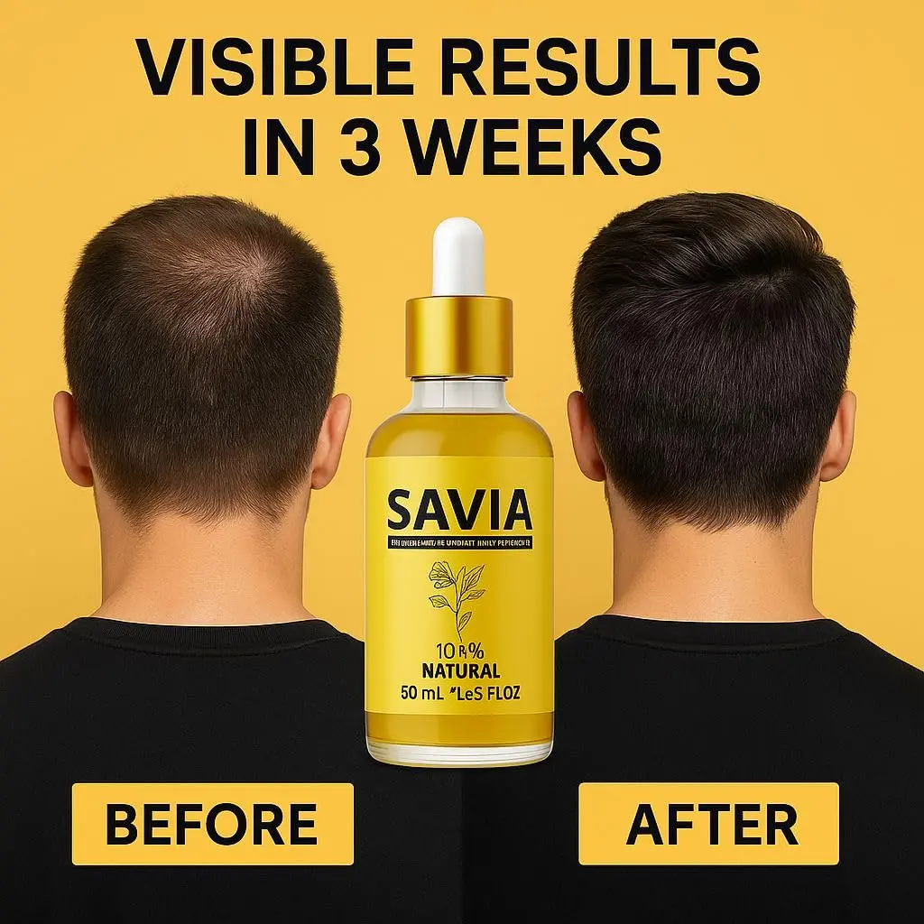 Savia hair growth oil made with mastered, methi dan, kalwanji, coconut, and rosemary oils to promote hair thickness and reduce hair loss in as little as two weeks.