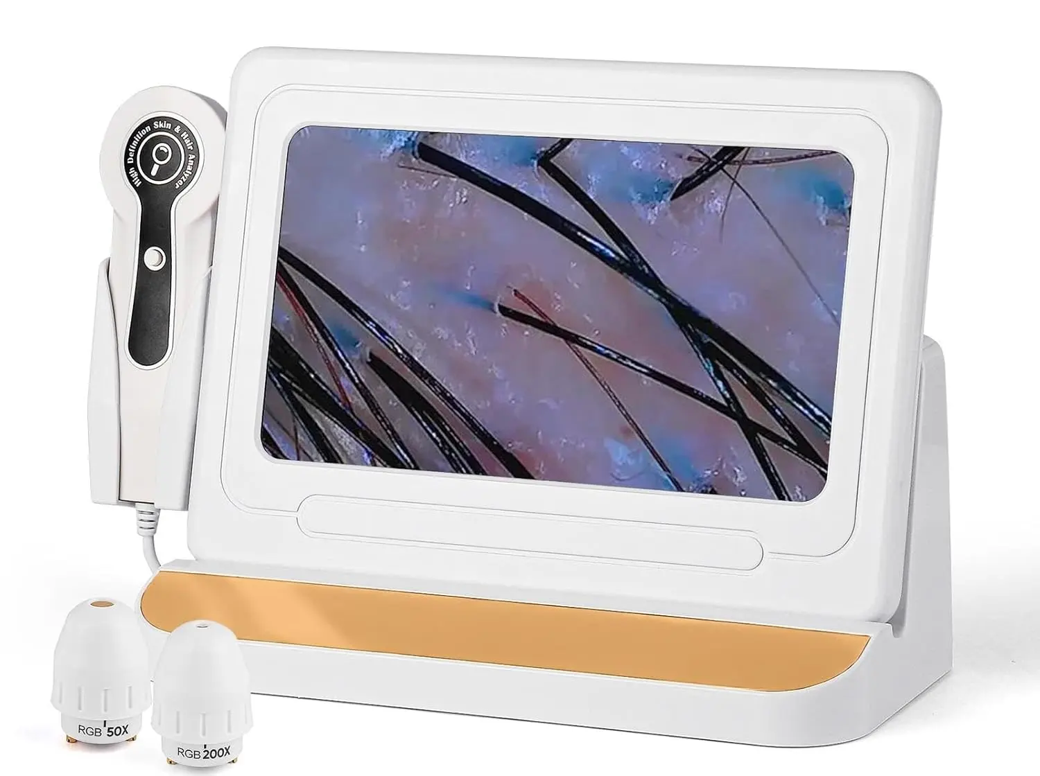 This is a professional-grade hair and skin analyzer with a large 11-inch HD screen and 50x/200x magnification lenses, ideal for detailed scalp and follicle analysis at home or in a salon.