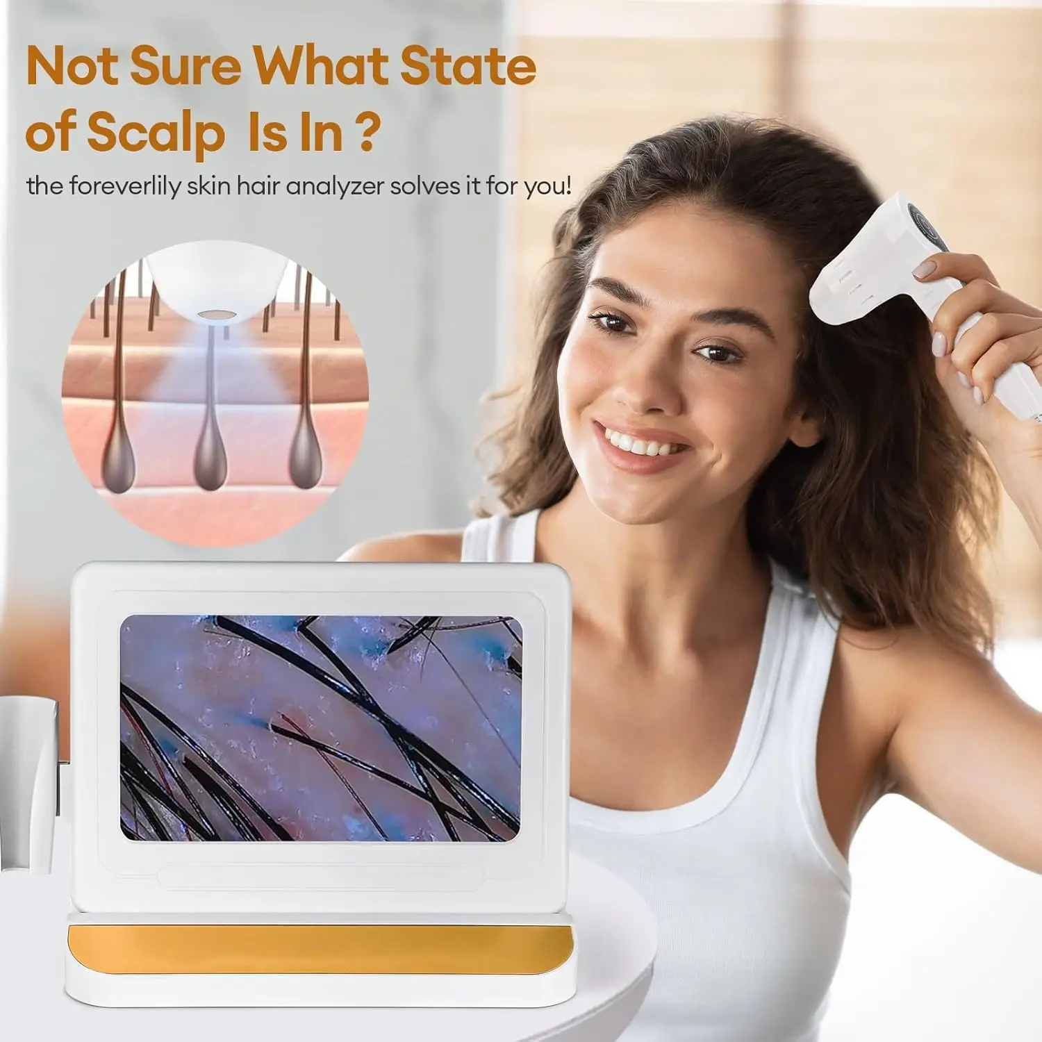 This is a professional-grade hair and skin analyzer with a large 11-inch HD screen and 50x/200x magnification lenses, ideal for detailed scalp and follicle analysis at home or in a salon.