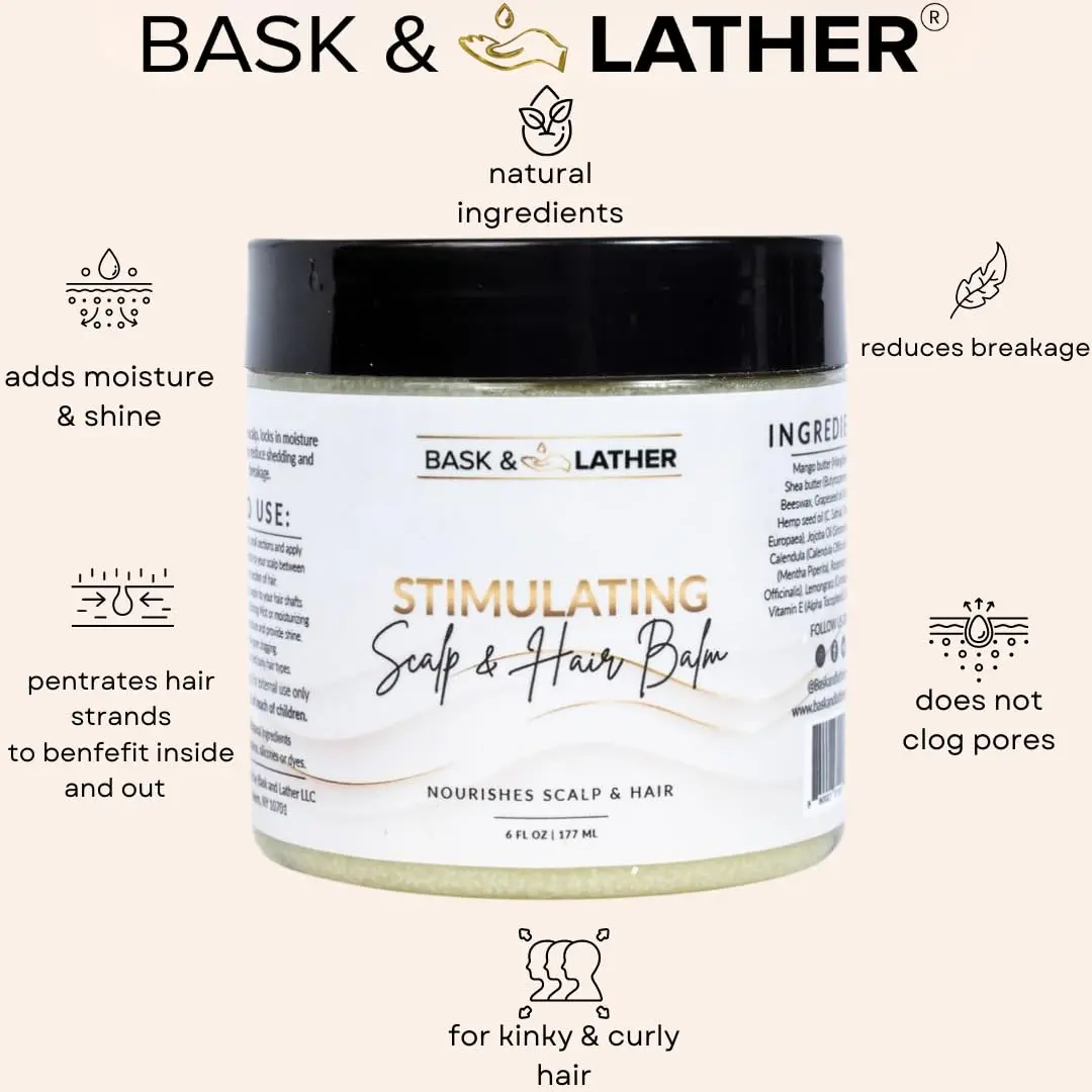 Bask & Lather scalp and hair balm moisturizes the scalp, supports hair growth, and adds shine with shea butter, rosemary oil, and vitamin E.