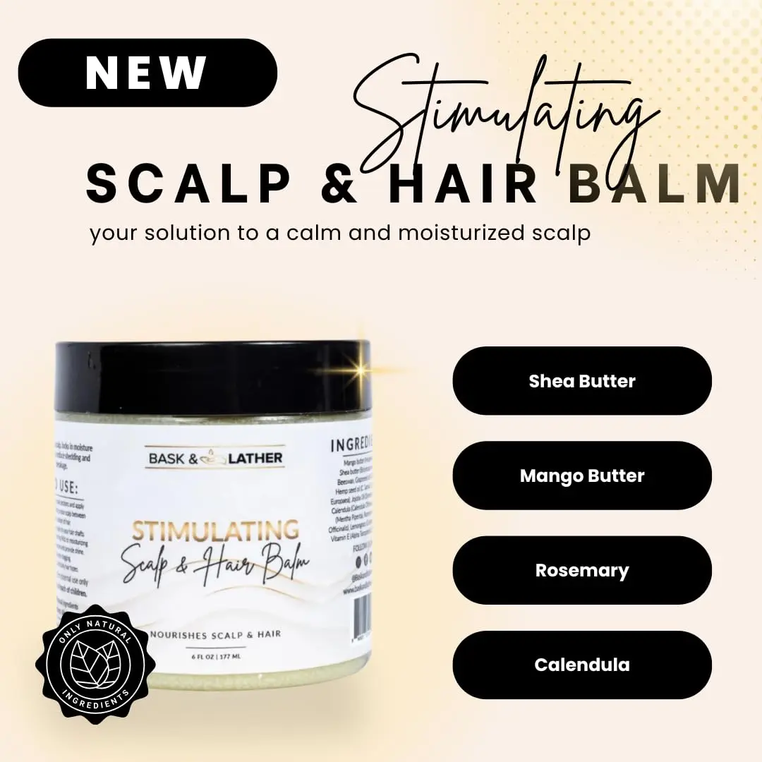 Bask & Lather scalp and hair balm moisturizes the scalp, supports hair growth, and adds shine with shea butter, rosemary oil, and vitamin E.