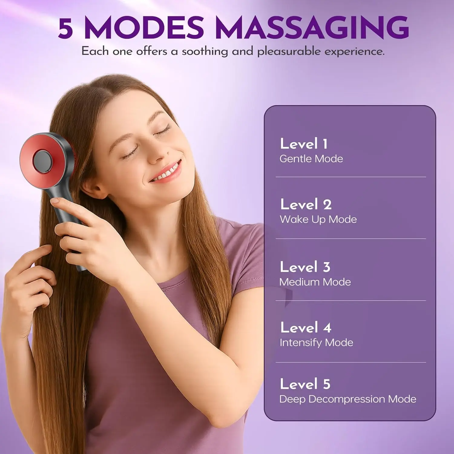 Cordless electric scalp massager with oil applicator and display screen, features shiatsu massage, IPX7 waterproof design, and promotes hair growth through deep head massage.