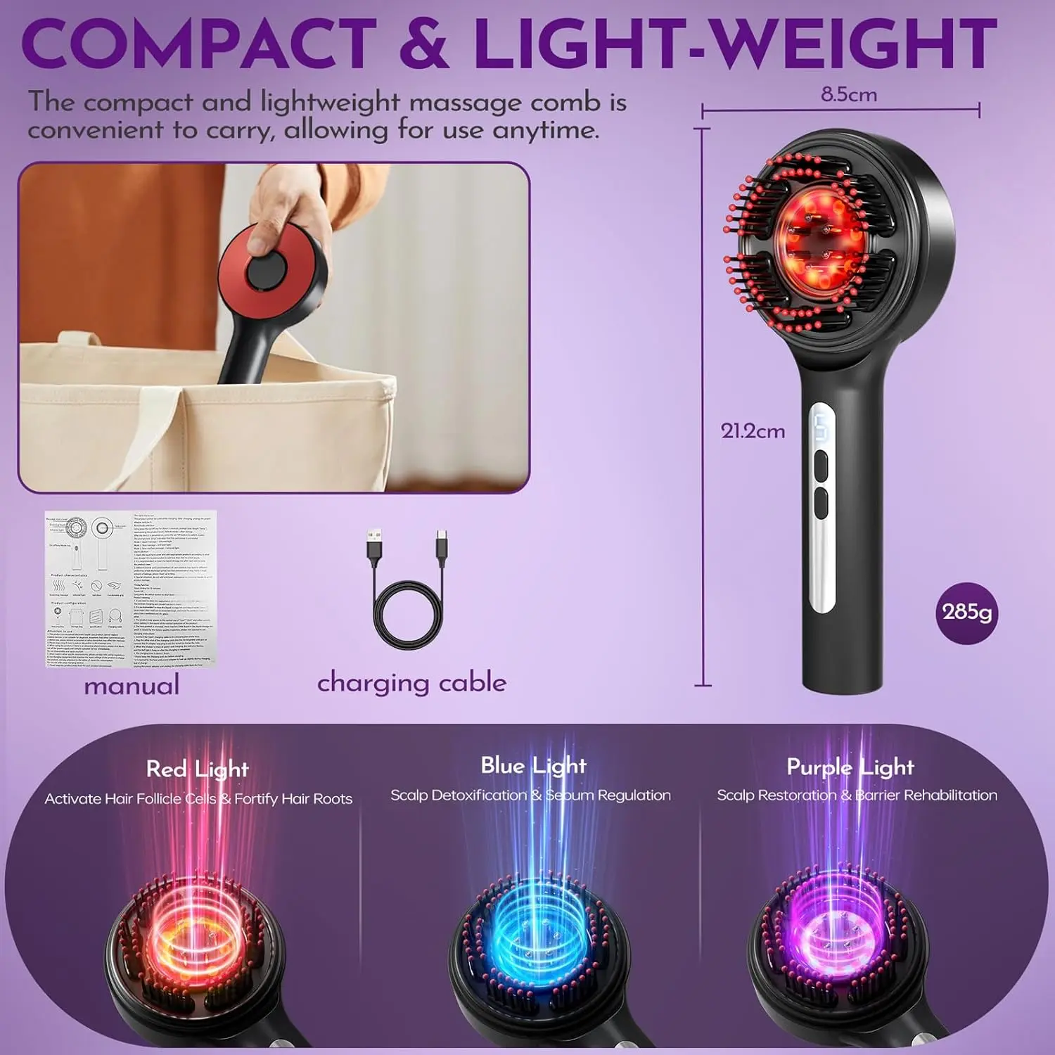 Cordless electric scalp massager with oil applicator and display screen, features shiatsu massage, IPX7 waterproof design, and promotes hair growth through deep head massage.