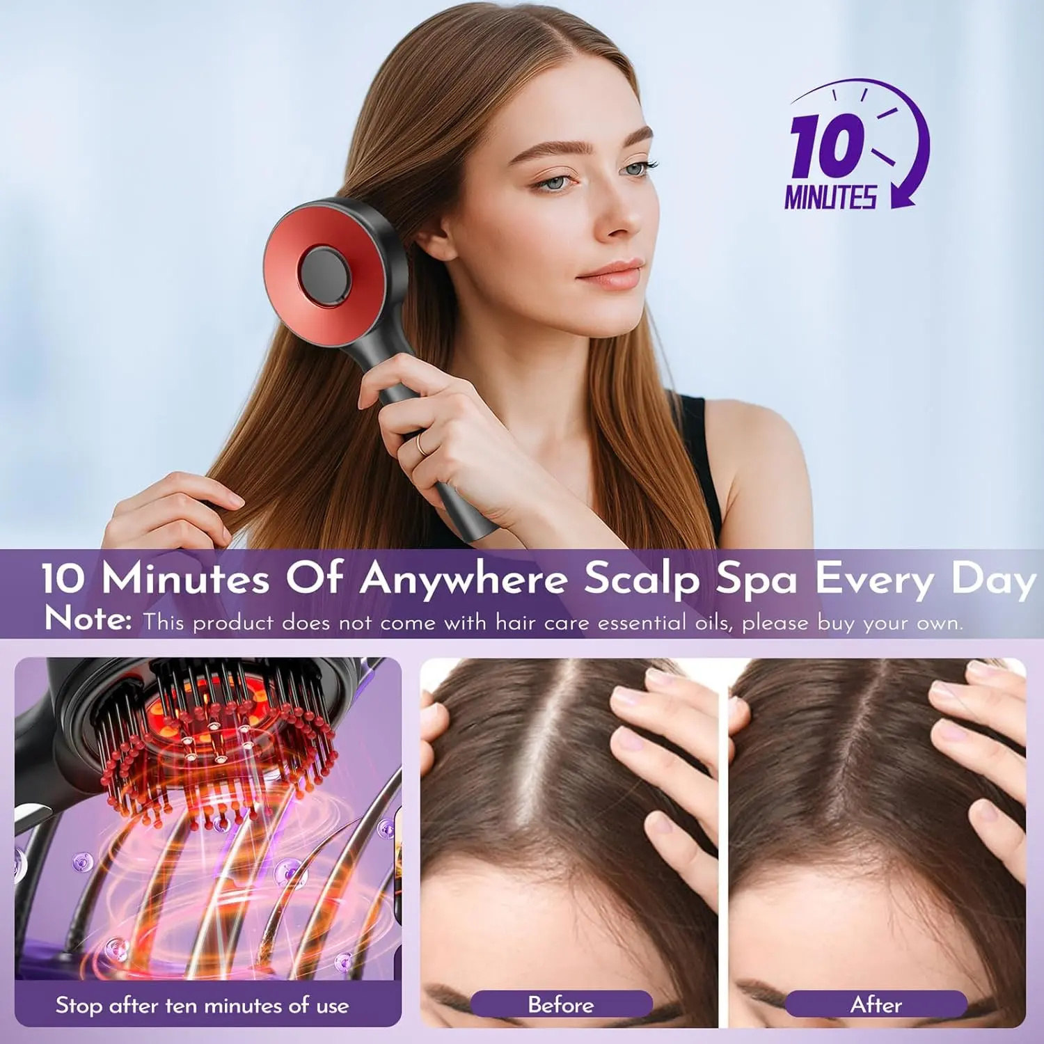 Cordless electric scalp massager with oil applicator and display screen, features shiatsu massage, IPX7 waterproof design, and promotes hair growth through deep head massage.
