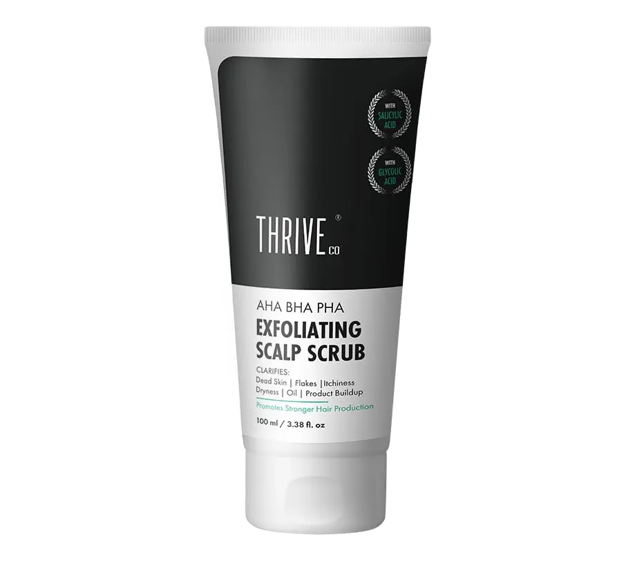 ThriveCo exfoliating scalp scrub with AHA BHA PHA removes dandruff, buildup, and excess sebum for a cleaner, healthier scalp.