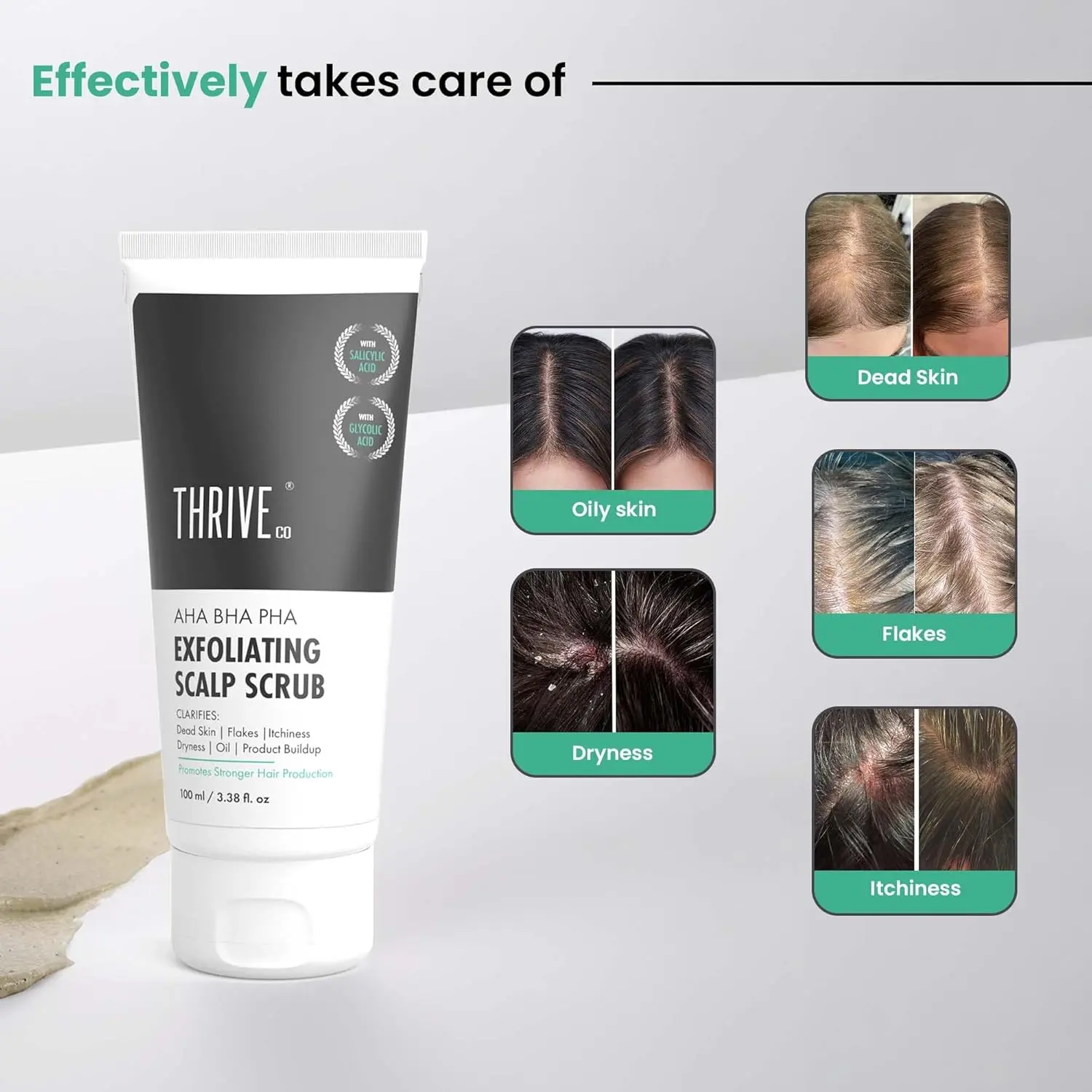 ThriveCo exfoliating scalp scrub with AHA BHA PHA removes dandruff, buildup, and excess sebum for a cleaner, healthier scalp.