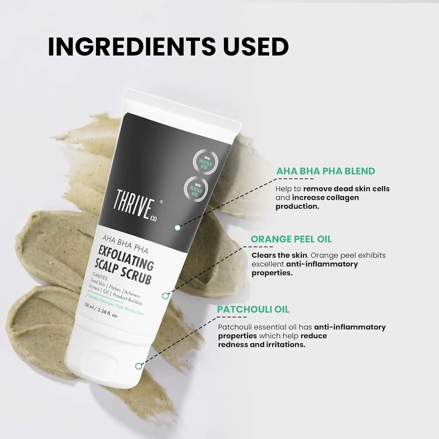 ThriveCo exfoliating scalp scrub with AHA BHA PHA removes dandruff, buildup, and excess sebum for a cleaner, healthier scalp.