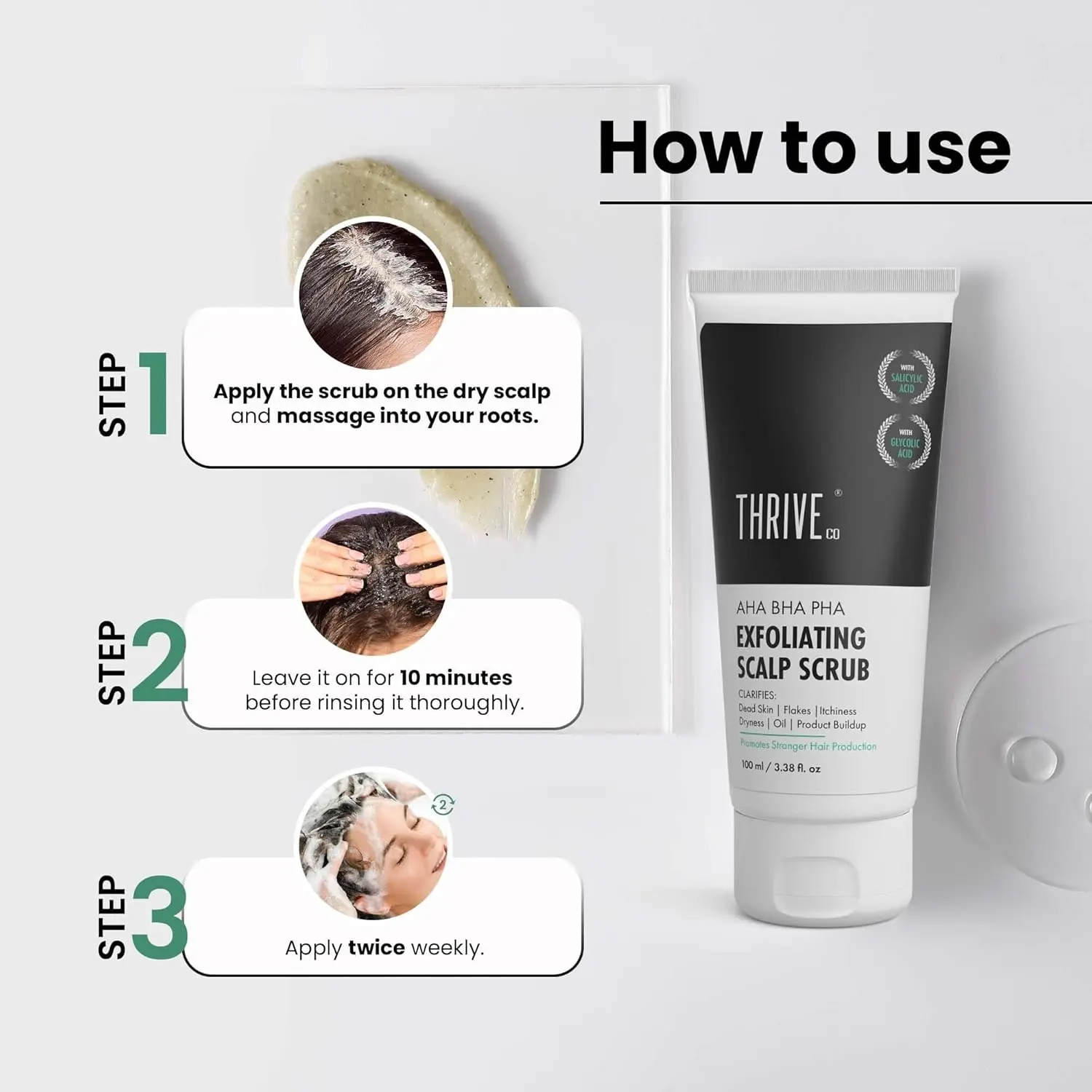 ThriveCo exfoliating scalp scrub with AHA BHA PHA removes dandruff, buildup, and excess sebum for a cleaner, healthier scalp.