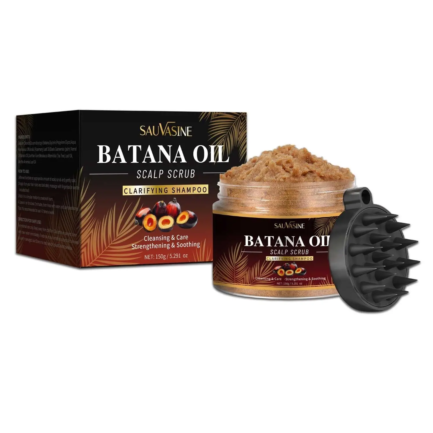 This batana oil scalp scrub comes with a silicone massager to exfoliate, cleanse, and revitalize your hair, promoting a healthy scalp and smooth, dandruff-free hair.