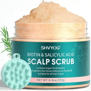 This scalp scrub with biotin and salicylic acid gently exfoliates and reduces dandruff, leaving your scalp clean, nourished, and promoting hair growth.