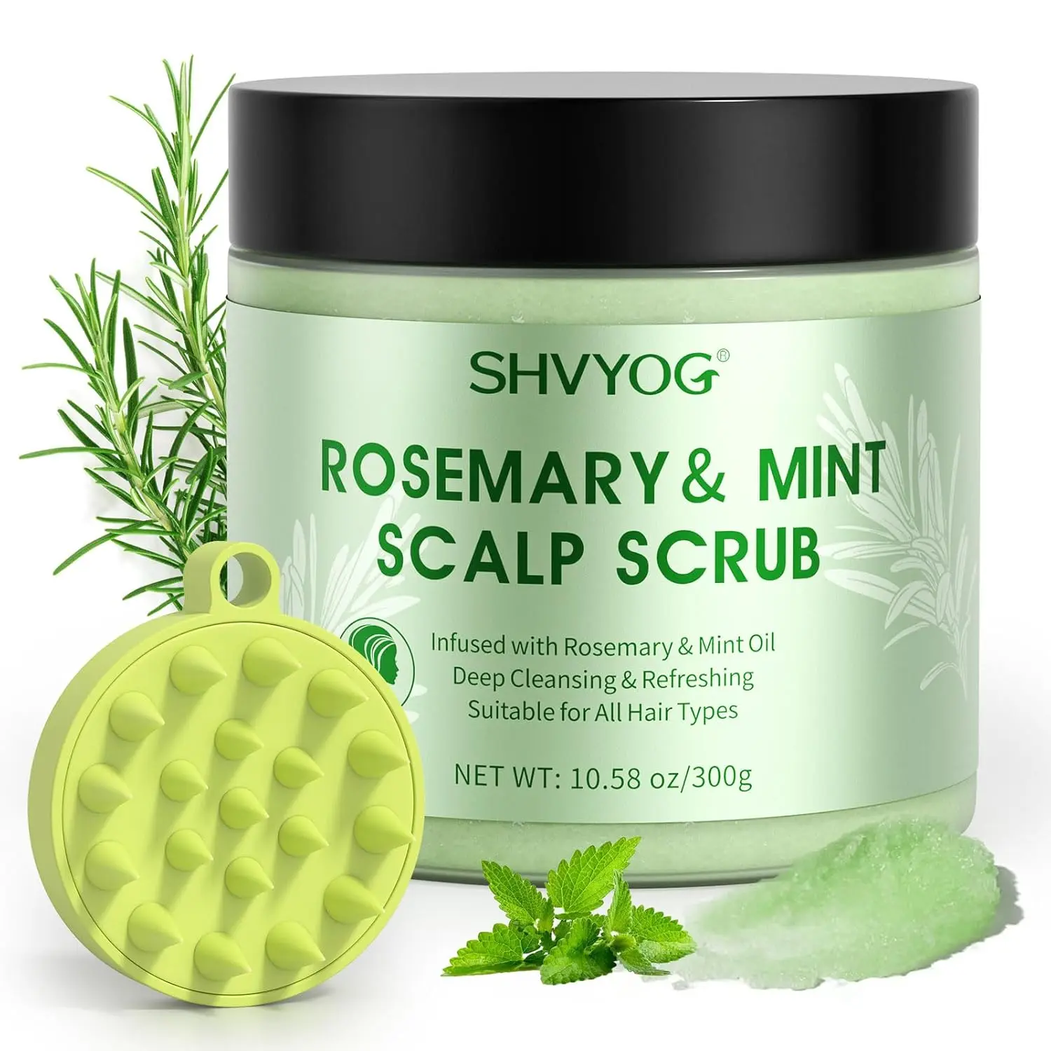 Shvyog rosemary scalp scrub exfoliates and nourishes the scalp while promoting hair growth, and includes a silicone massager for a complete hair treatment.