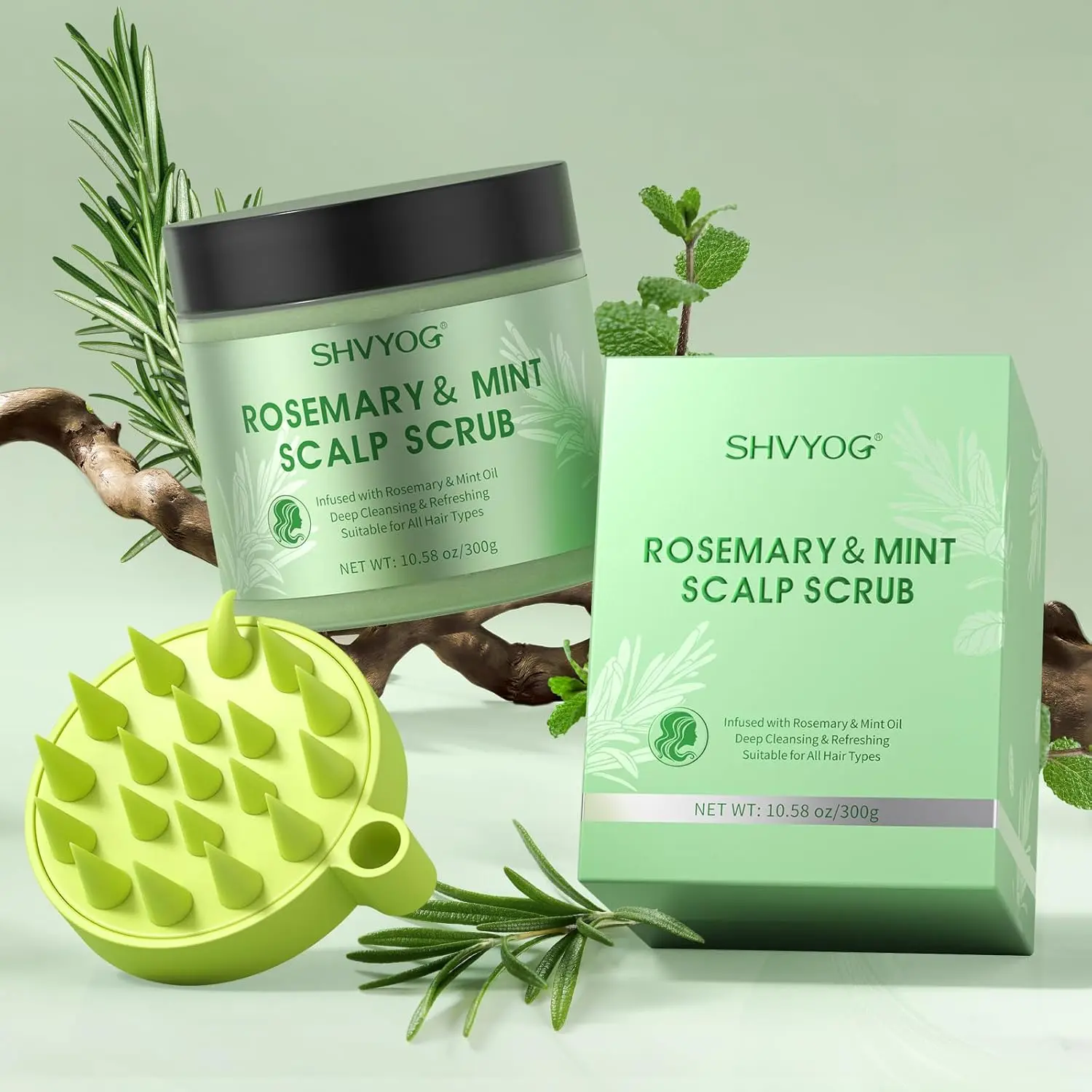Shvyog rosemary scalp scrub exfoliates and nourishes the scalp while promoting hair growth, and includes a silicone massager for a complete hair treatment.