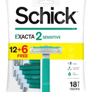 Schick Exacta2 disposable razor for men with twin blades, lubricating strip enriched with Aloe and Vitamin E providing a close and smooth shave.