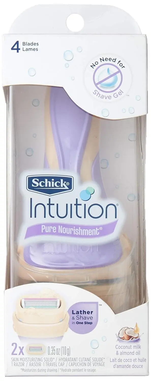 Two Schick Intuition Pure Nourishment razors with coconut milk and almond oil, allowing you to attach a cartridge, add water, and shave for lather in one step.