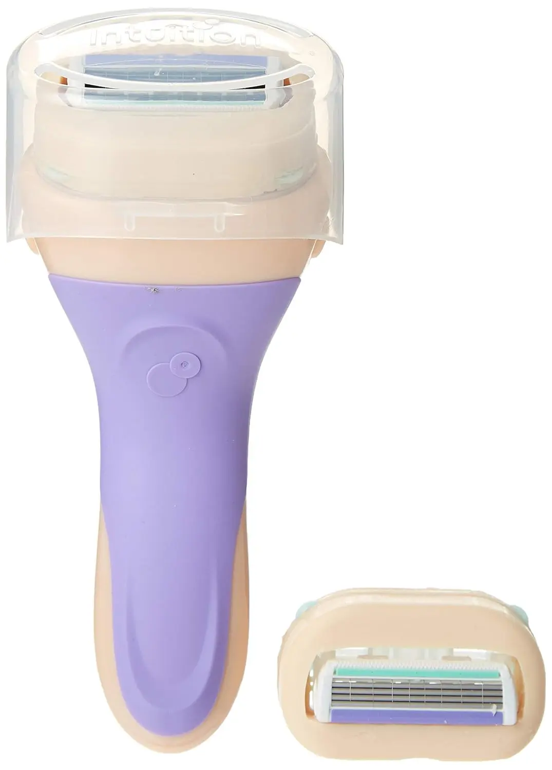 Two Schick Intuition Pure Nourishment razors with coconut milk and almond oil, allowing you to attach a cartridge, add water, and shave for lather in one step.