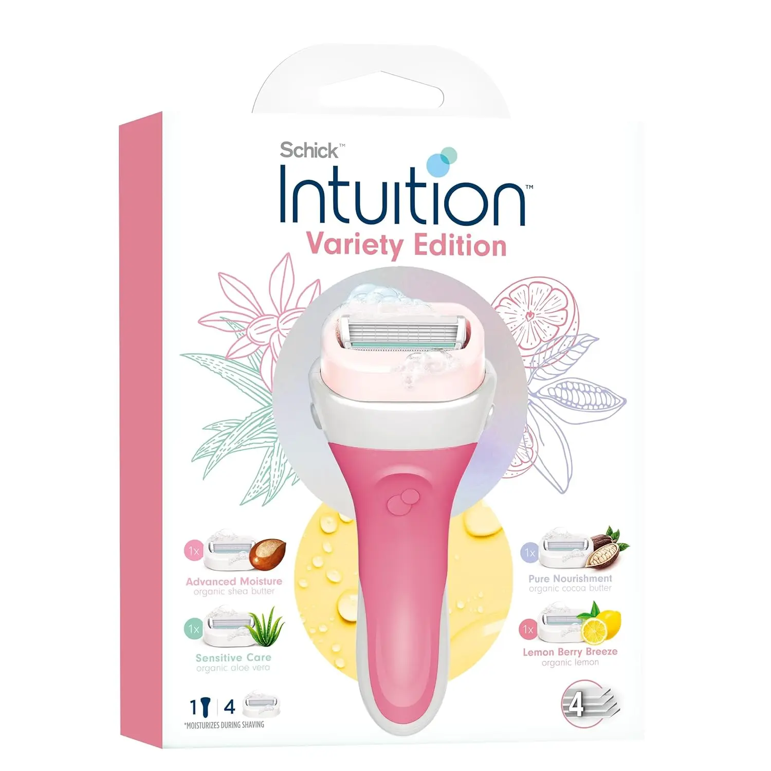 Schick Intuition razor kit for women with four refills, featuring a pivoting head, lubricating solid with organic aloe and vitamin E, shea butter, coconut milk, almond milk, and pomegranate extract for a smooth and moisturizing shave.