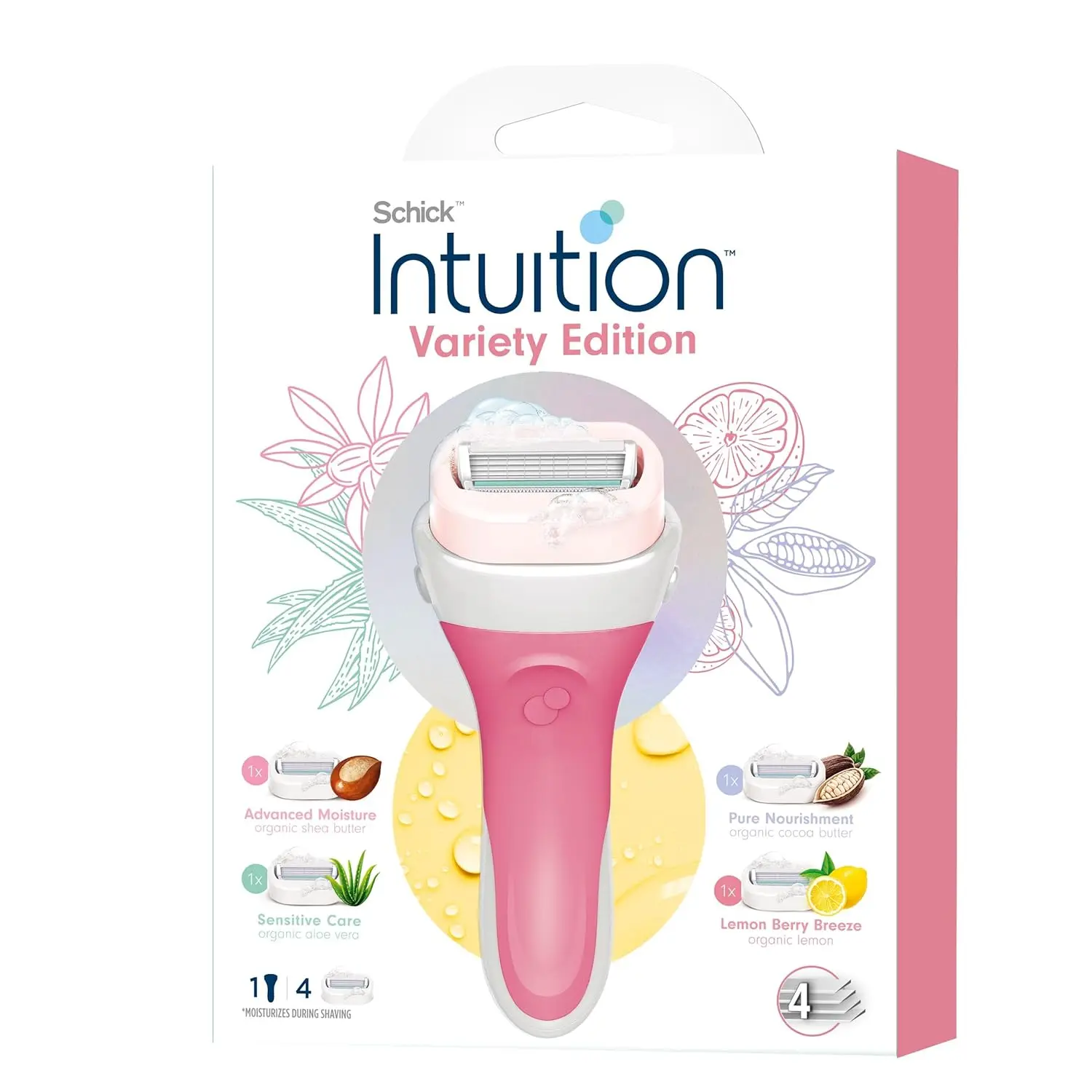Schick Intuition razor kit for women with four refills, featuring a pivoting head, lubricating solid with organic aloe and vitamin E, shea butter, coconut milk, almond milk, and pomegranate extract for a smooth and moisturizing shave.