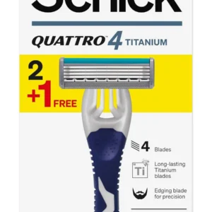 Schick Quattro Titanium disposable razor for men with four titanium-coated blades, aloe, vitamin E, and B5 conditioning strips for a close, smooth shave and skin protection against razor burn.
