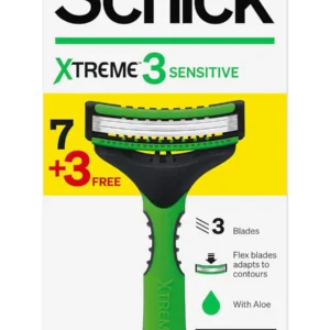 Schick Xtreme3 Sensitive disposable razor features three flexible blades, aloe lubrication, and ergonomic no-slip grip for a comfortable and irritation-free shave.