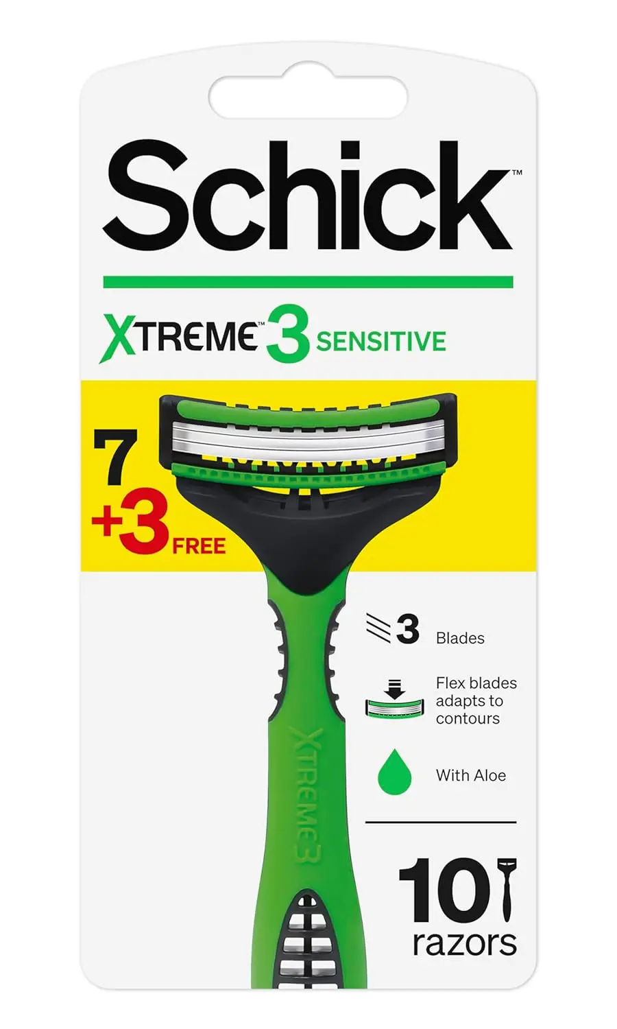 Schick Xtreme3 Sensitive disposable razor features three flexible blades, aloe lubrication, and ergonomic no-slip grip for a comfortable and irritation-free shave.