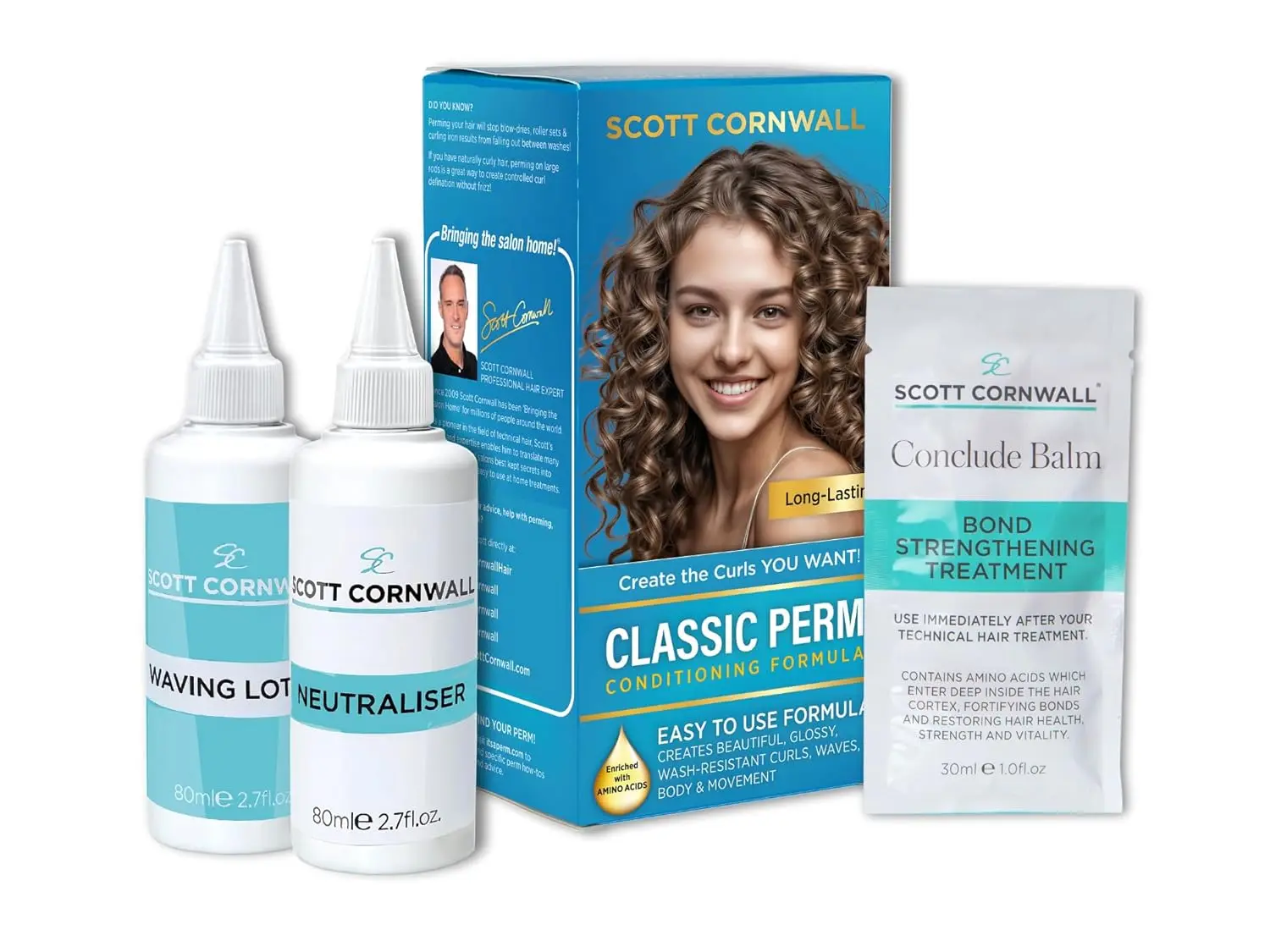 Scott Cornwall Classic Perm kit for creating lasting waves, curls and volume, designed for all hair types and textures with strengthening amino acids.