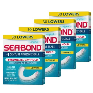 Sea-Bond denture adhesive seals provide a secure, all-day hold for lower dentures, are zinc-free, and offer easy, mess-free cleanup.