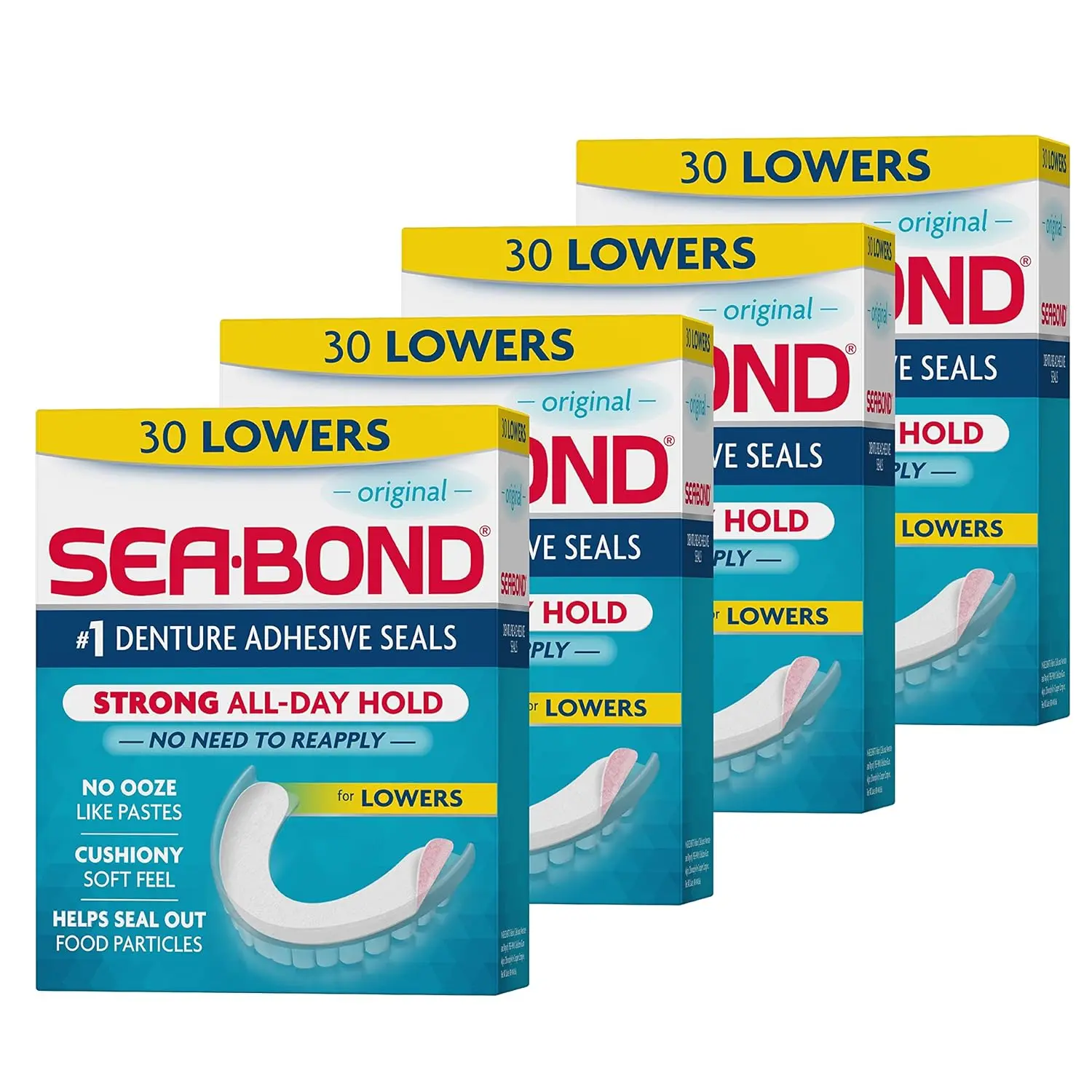 Sea-Bond denture adhesive seals provide a secure, all-day hold for lower dentures, are zinc-free, and offer easy, mess-free cleanup.