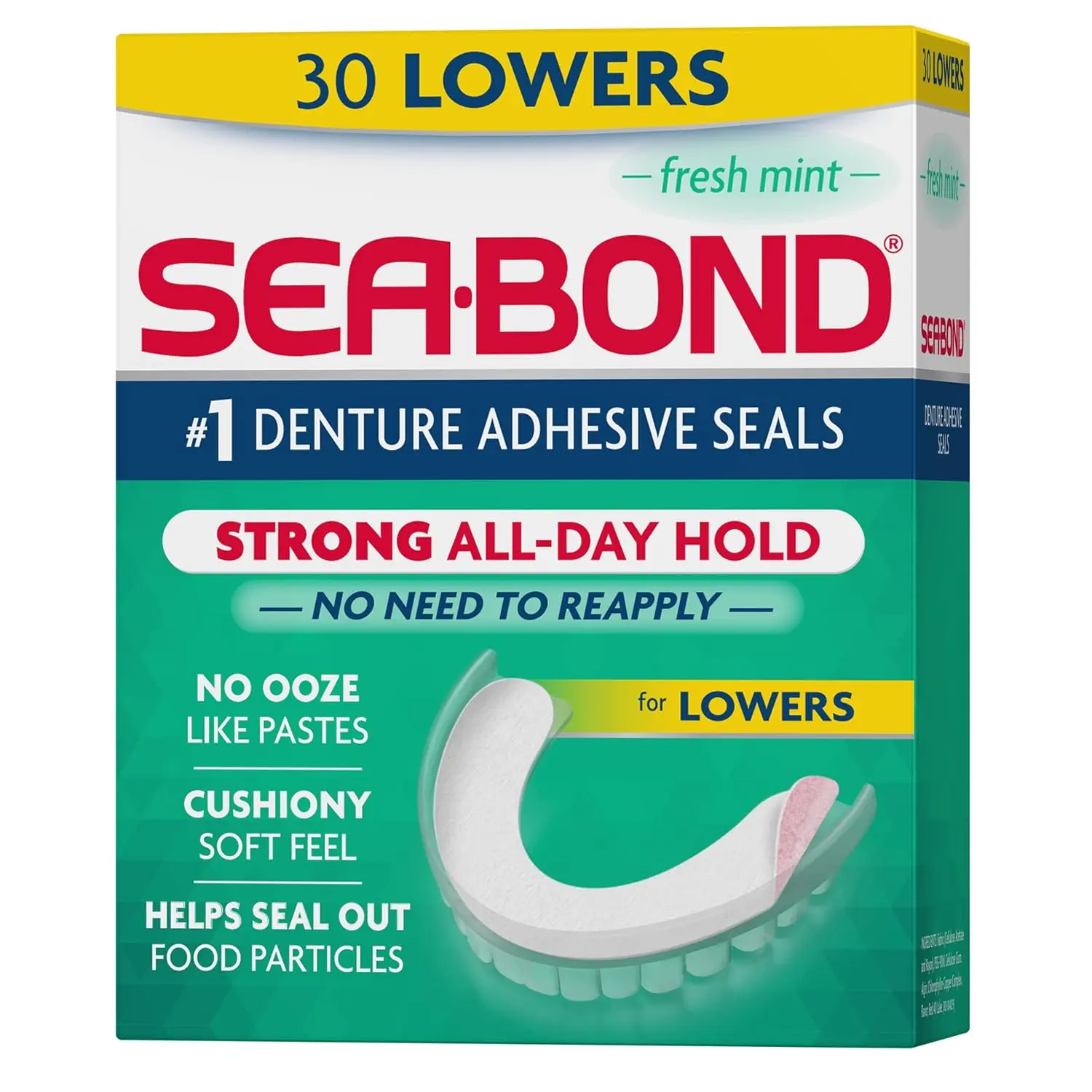 A pack of Sea-Bond Fresh Mint denture adhesive seals for lower dentures providing a secure, all-day, comfortable hold, and zinc-free alternative to denture creams.