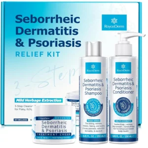 Roycederm seborrheic dermatitis cream, shampoo, and conditioner set provides a complete scalp therapy system to relieve itching, flaking, and irritation caused by psoriasis, dandruff, and folliculitis.