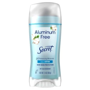 Secret Aluminum Free Deodorant with a cotton scent provides 48-hour odor protection with pH balancing minerals, and is free of aluminum salts, parabens, dyes, and talc.