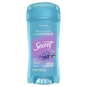 This clear gel Secret deodorant provides 72-hour odor protection with pH balancing minerals, leaving no residue on skin or clothes.