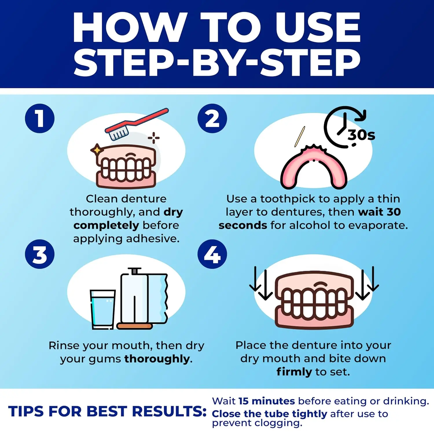 Secure waterproof denture adhesive provides a strong, long-lasting, taste-free hold for upper, lower, or partial dentures, ensuring no slipping or sliding for up to 12 hours.