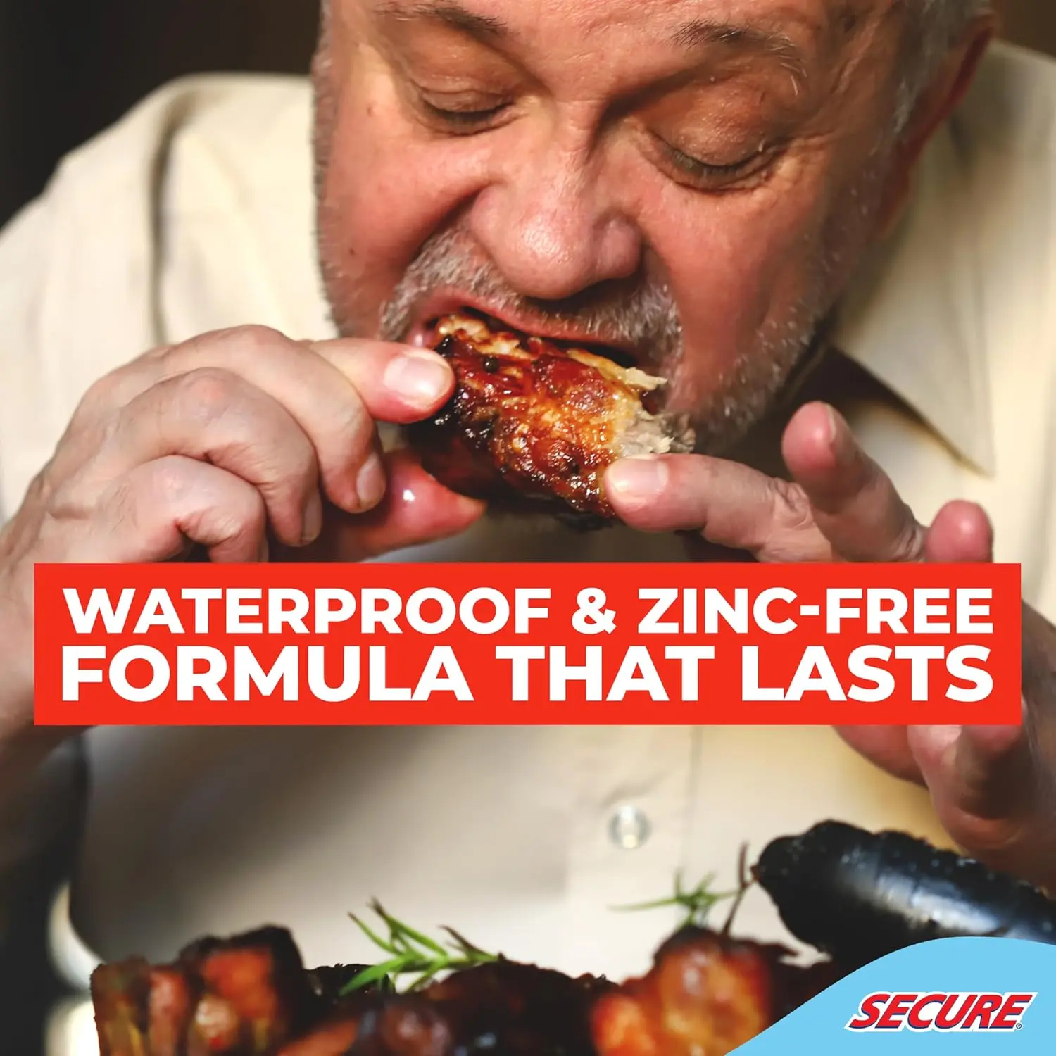 Secure waterproof denture adhesive provides a strong, long-lasting, taste-free hold for upper, lower, or partial dentures, ensuring no slipping or sliding for up to 12 hours.