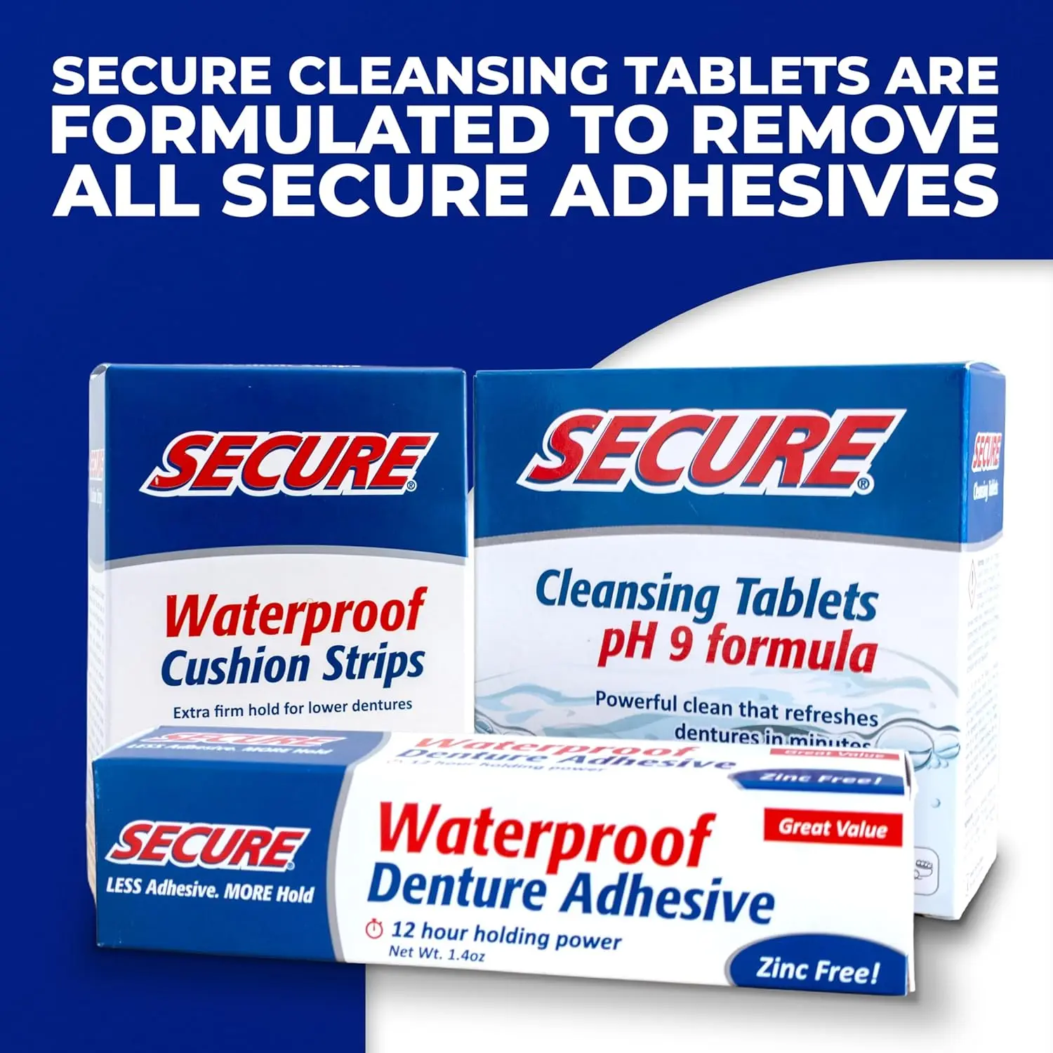 Secure waterproof denture adhesive provides a strong, long-lasting, taste-free hold for upper, lower, or partial dentures, ensuring no slipping or sliding for up to 12 hours.